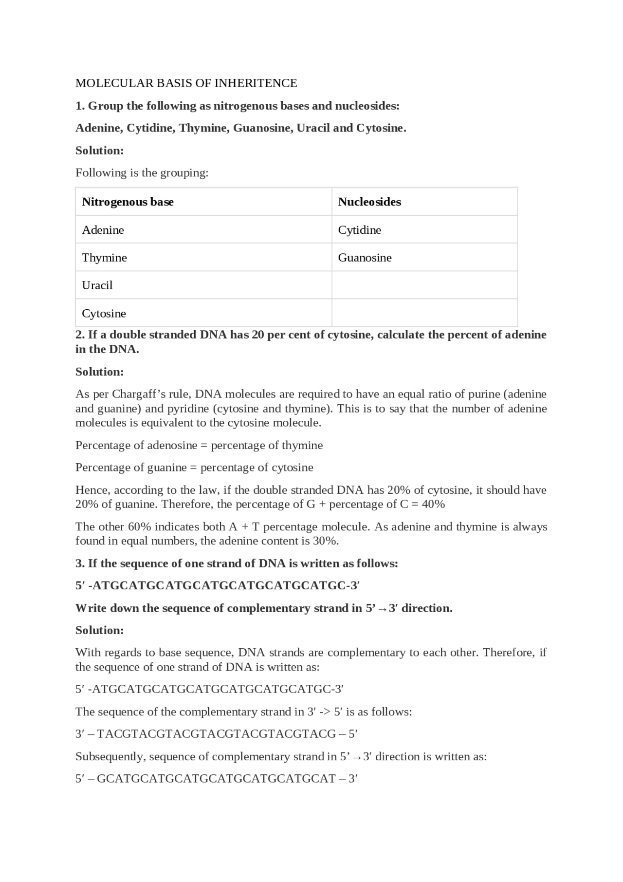 Molecular basis of inheritance summary class 12 | Study notes Biology ...