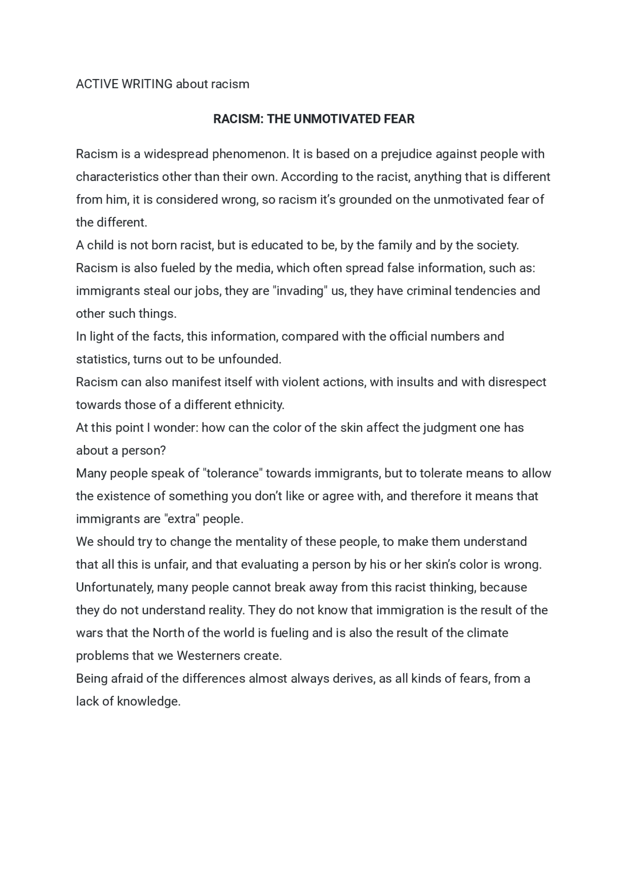 Anti Racism Paragraph Form Active writing about racism | Guías, Proyectos, Investigaciones de ...