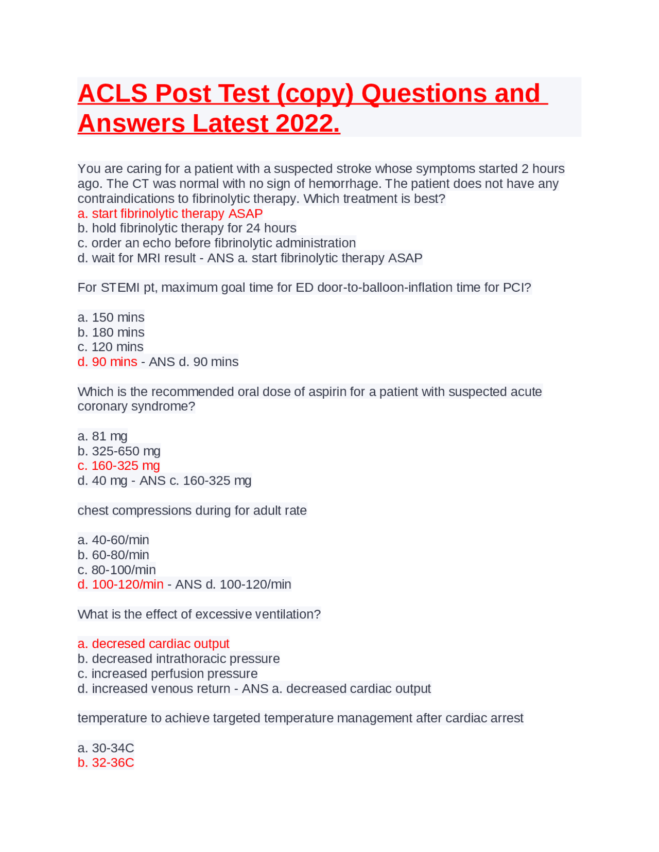 ACLS Post Test (copy) Questions and Answers Latest 2022. Exams