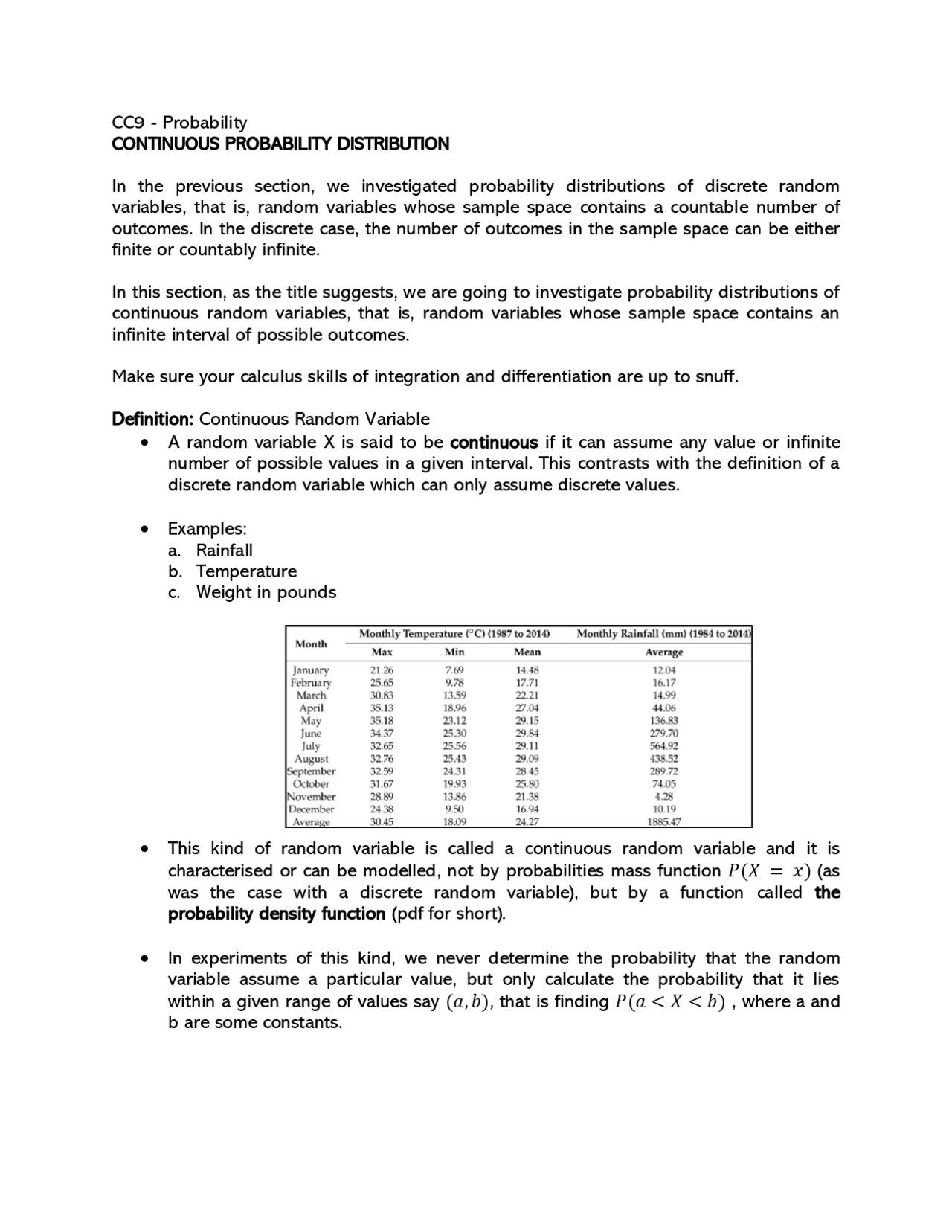 Continuous Probability | Lecture notes Probability and Statistics | Docsity