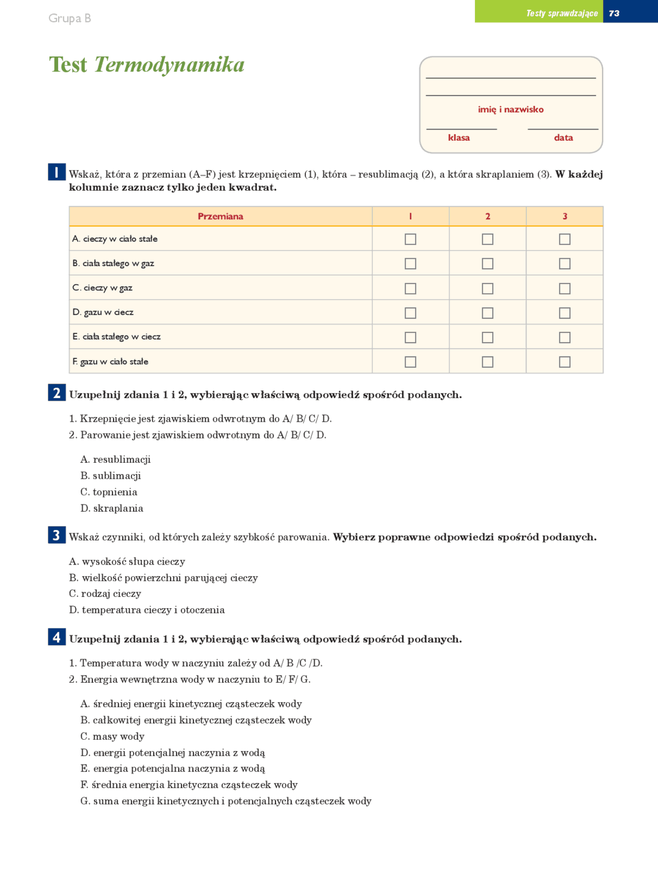 Termodynamika sprawdzian | Testy Fizyka | Docsity