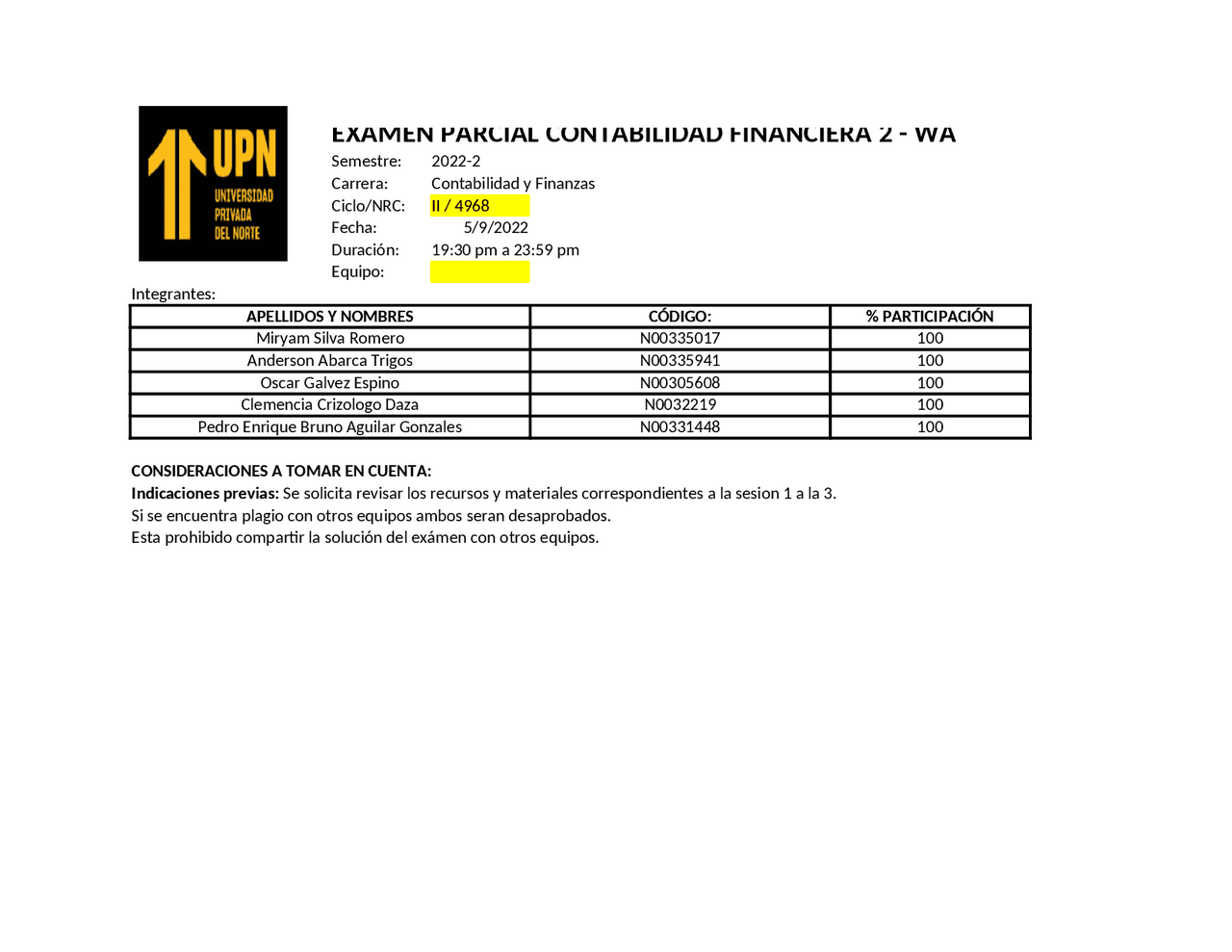 EXAMEN PARCIAL CONTABILIDAD F. 2 UPN | Exámenes selectividad de