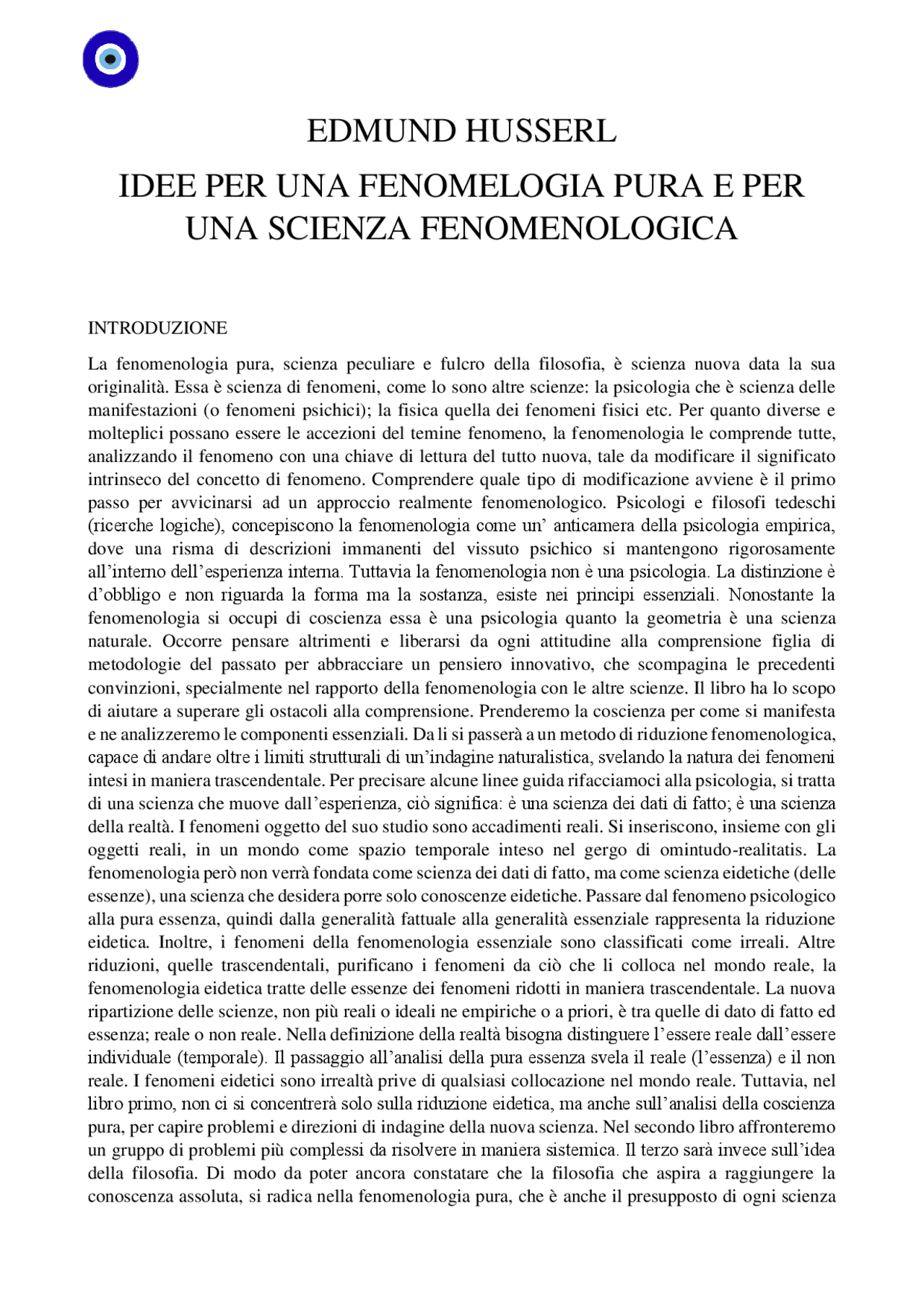 EDMUND HUSSERL IDEE PER UNA FENOMELOGIA PURA E PER UNA SCIENZA