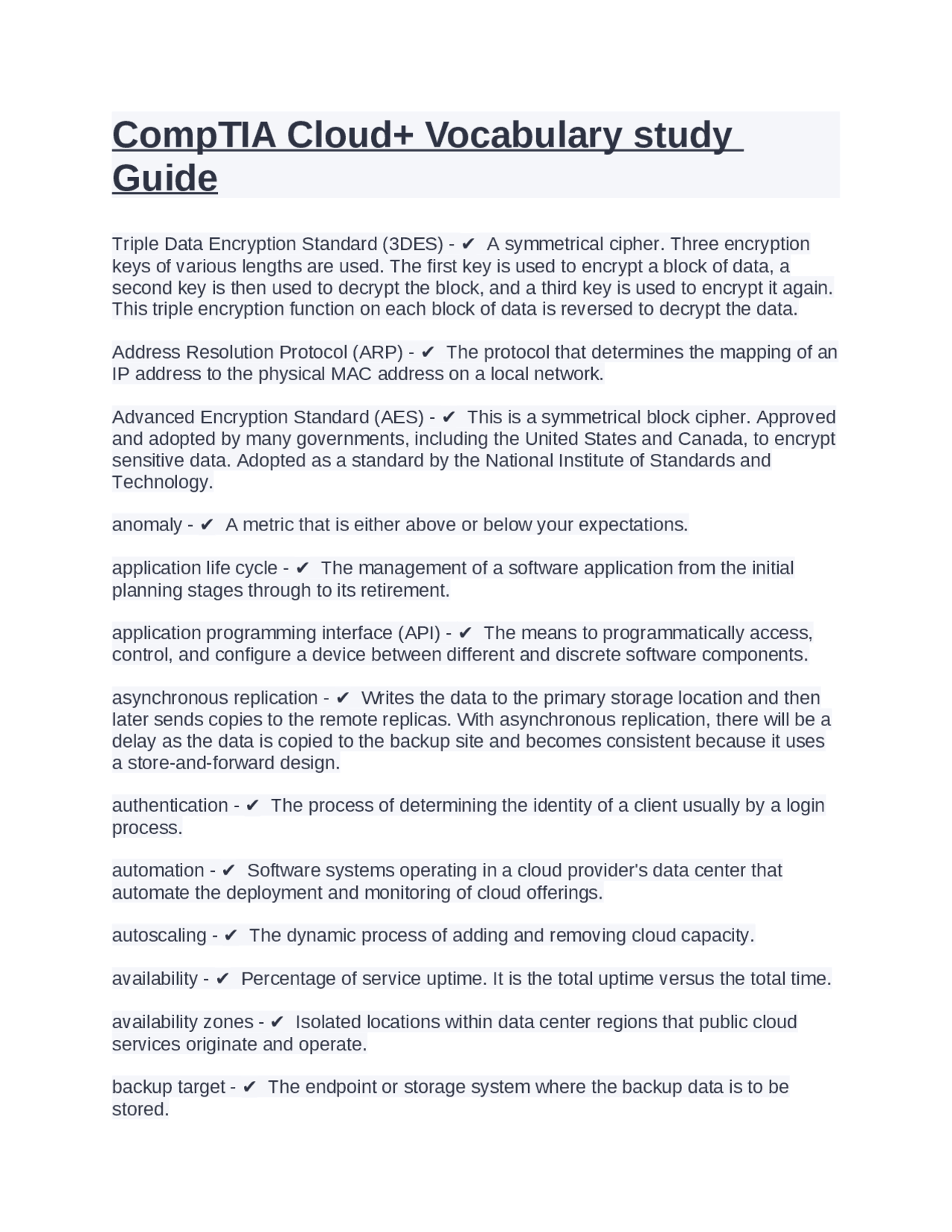 CompTIA Cloud+ Vocabulary study Guide | Exams Computer Science | Docsity