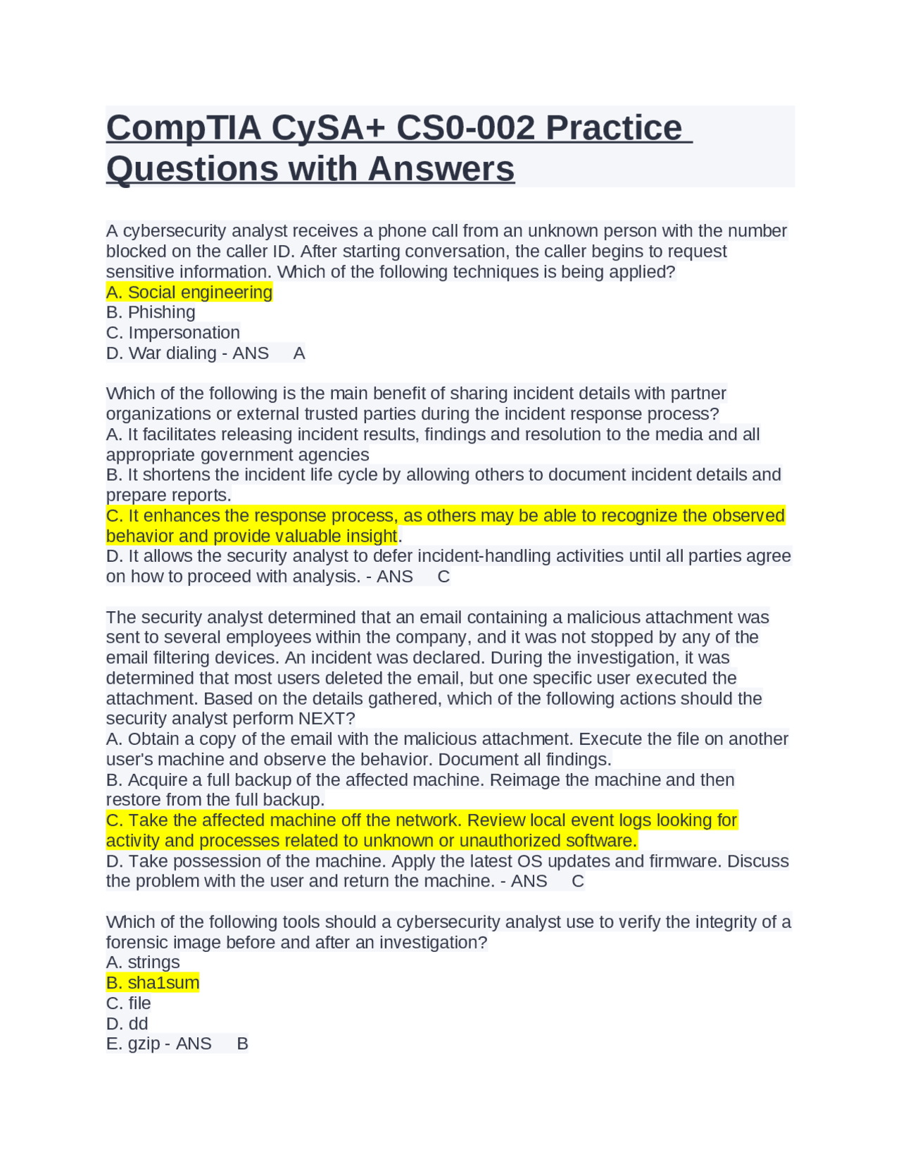 OmpTIA CySA+ CS0-002 Practice Questions with Answers | Exams Computer ...