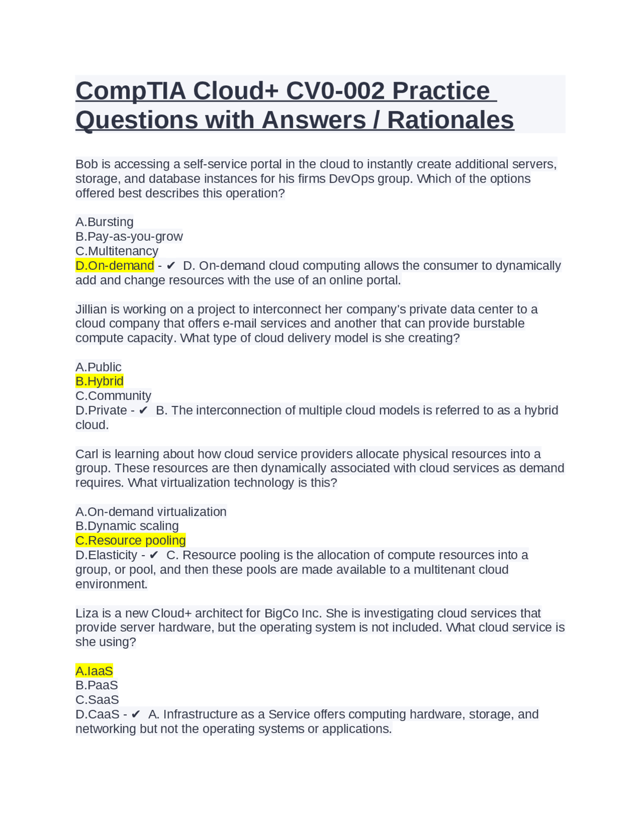 CompTIA Cloud+ CV0-002 Practice Questions with Answers Rationales ...