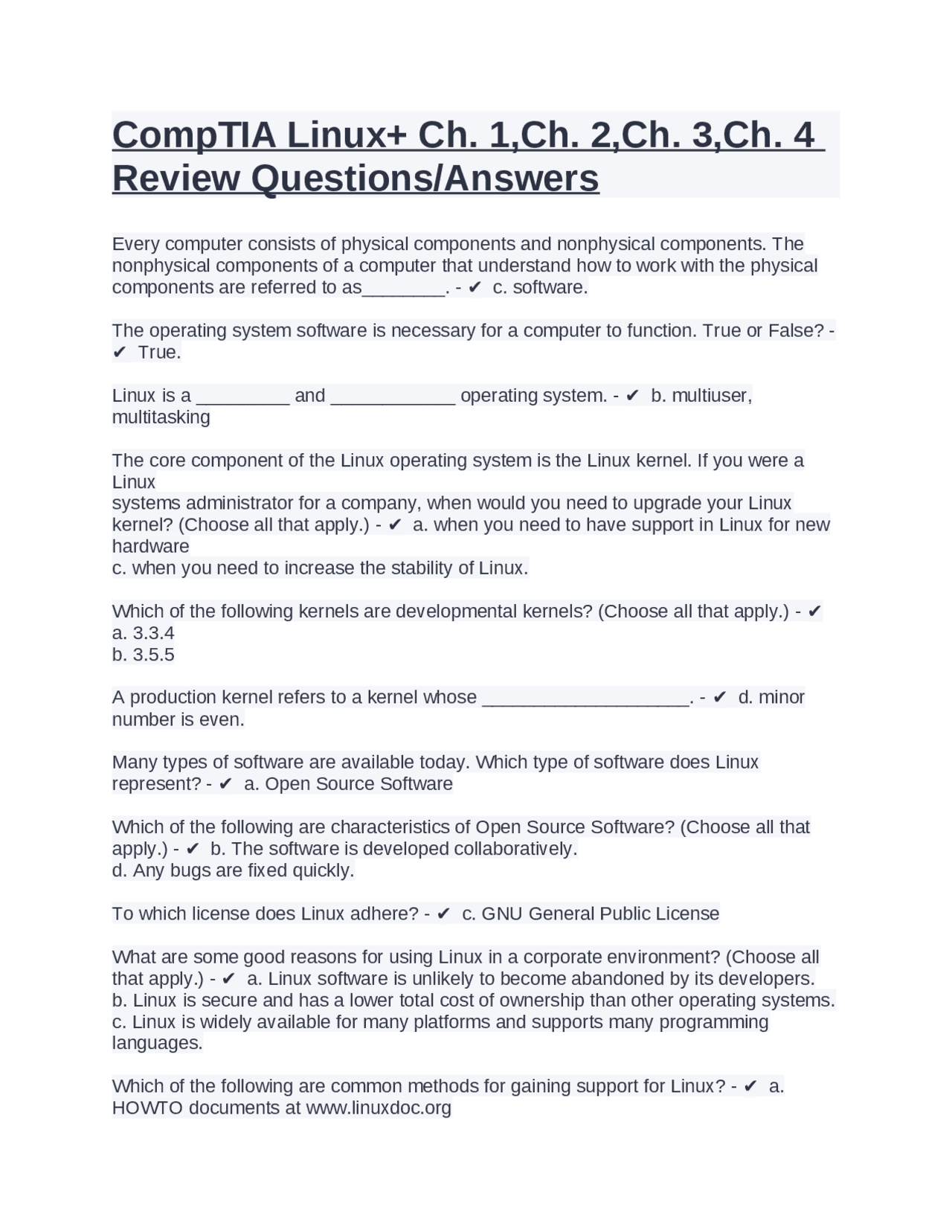 CompTIA Linux+ Ch. 1,Ch. 2,Ch. 3,Ch. 4 Review Questions Answers | Exams ...