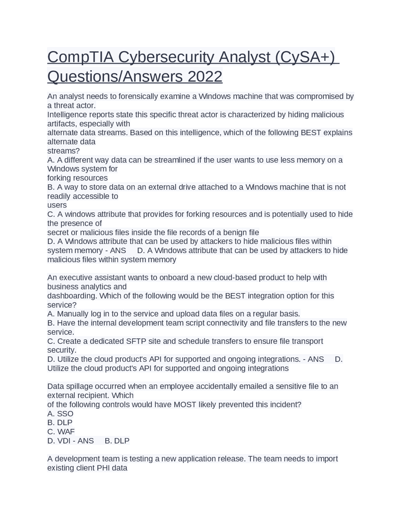 CompTIA Cybersecurity Analyst (CySA+) Questions Answers 2022 | Exams ...