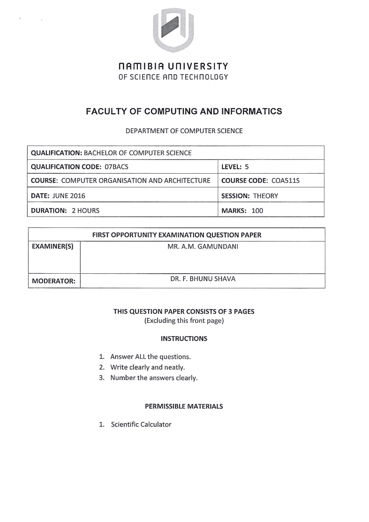 Computer Organisation and Architecture past examination paper | Exams ...