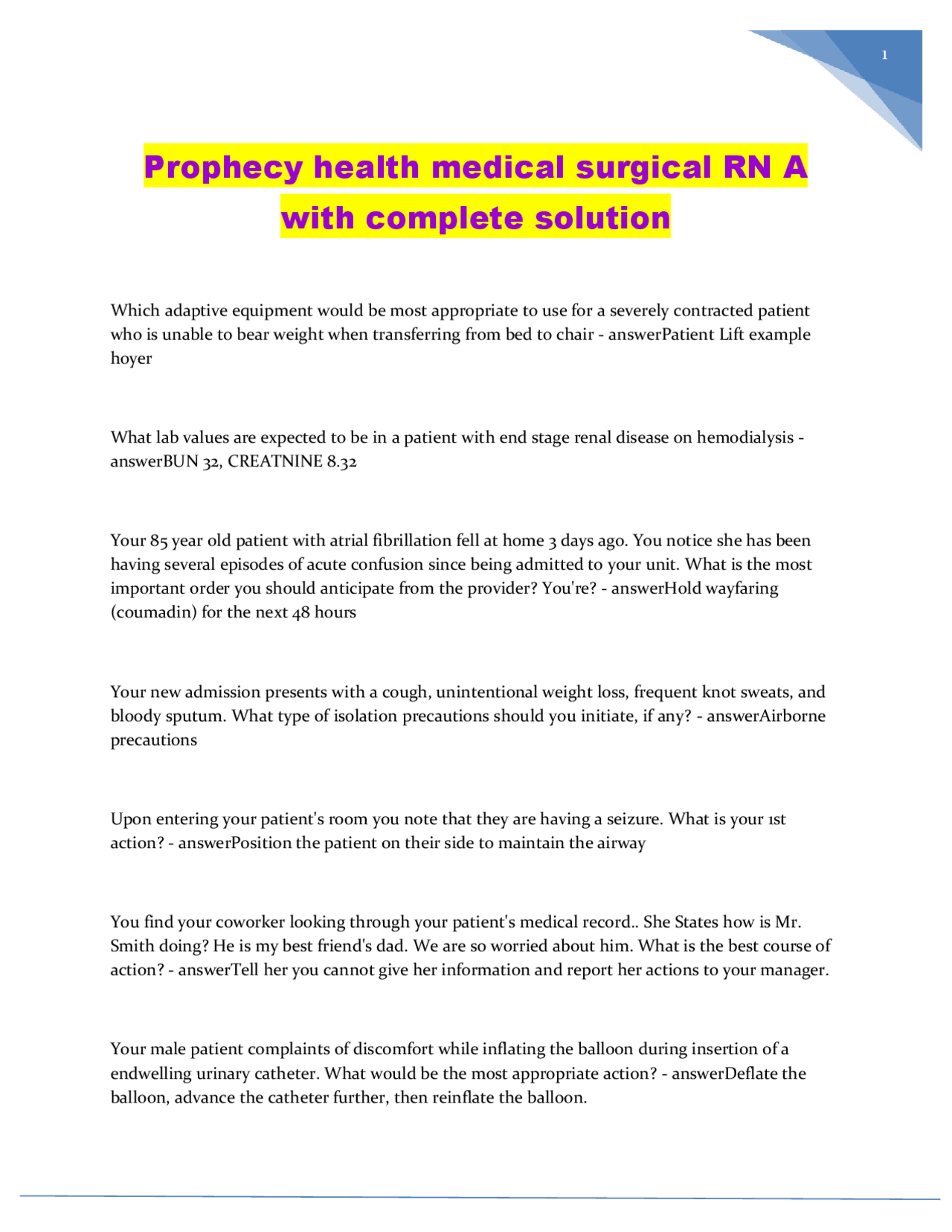 Prophecy health medical surgical RN A with complete solution Exams