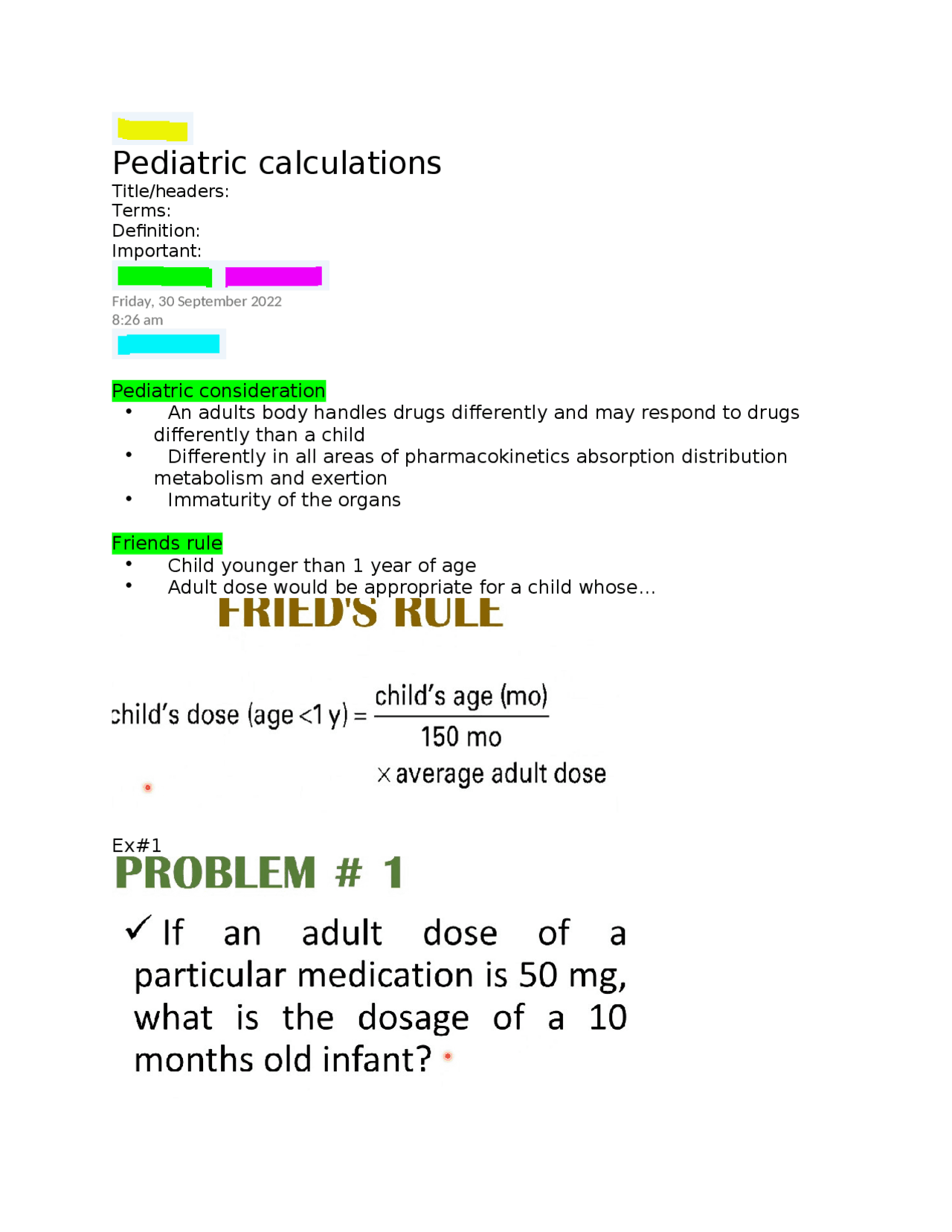 Pediatric Math Formulas Pediatric calculations | Lecture notes Pharmacology | Docsity