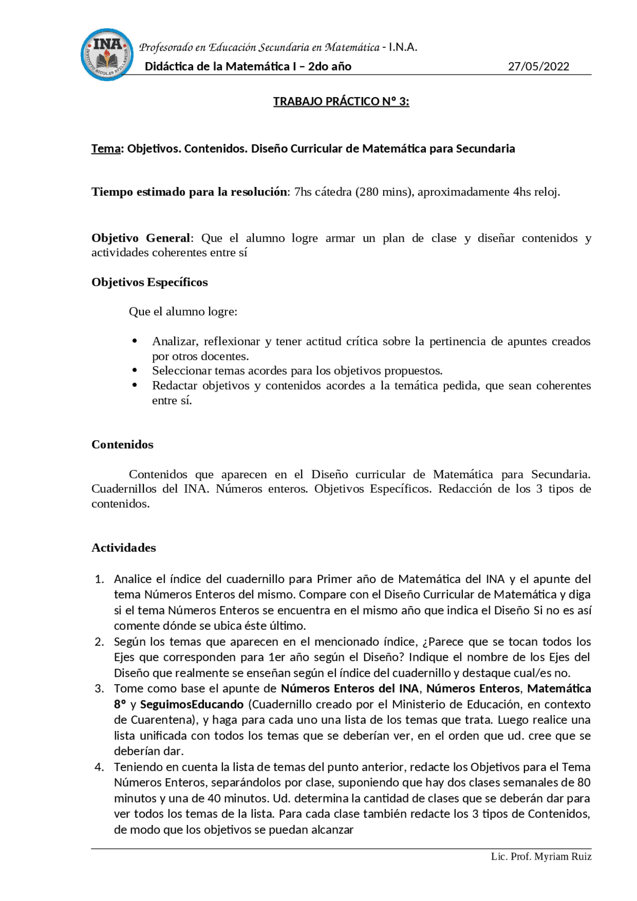 Didactica general matematicas | Ejercicios de Historia | Docsity