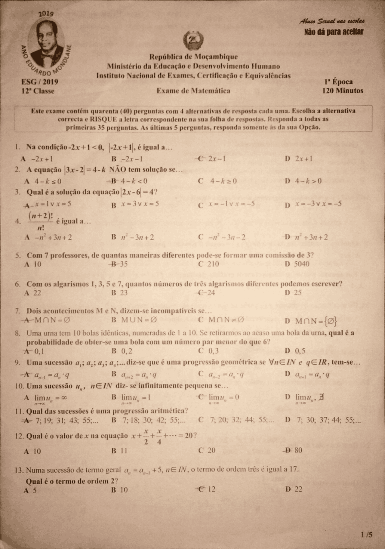 Exame de matemática 2017 1 epoca | Exercícios Matemática | Docsity
