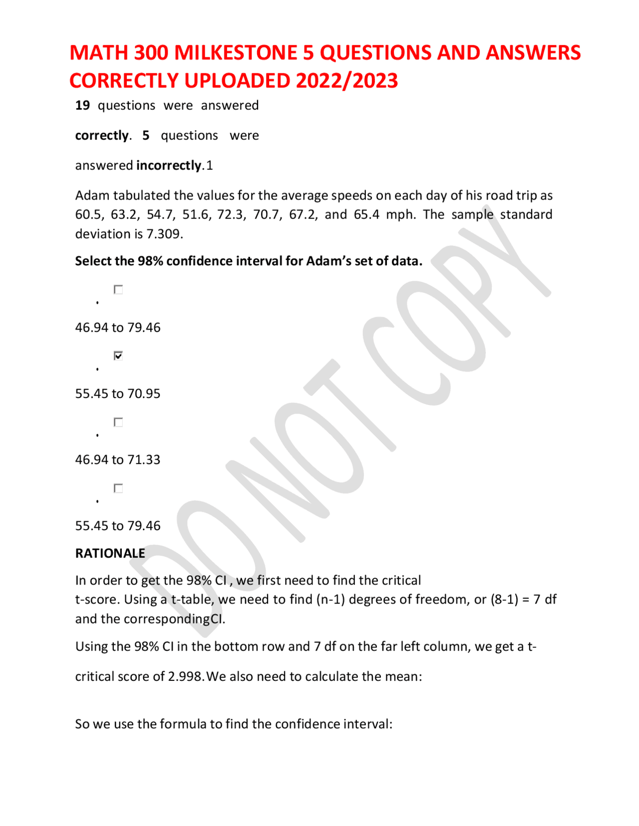 MATH 300 MILKESTONE 5 QUESTIONS AND ANSWERS | Exams Nursing | Docsity