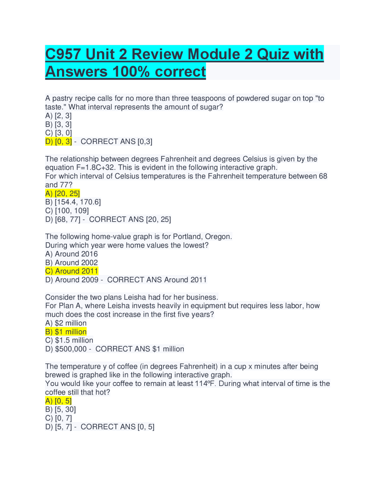 C957 Unit 2 Review Module 2 Quiz with Answers 100% correct | Exams Algebra  | Docsity