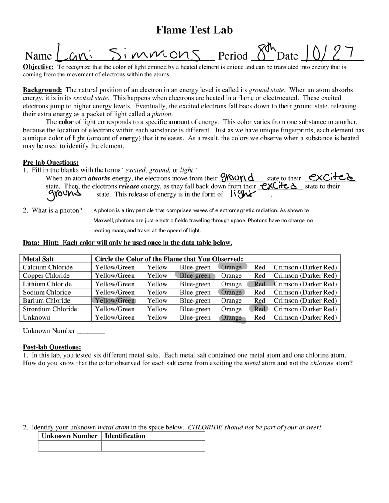 Flame Test Lab Answer Key