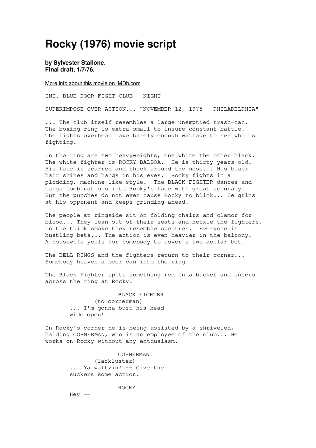 Rocky Script Original Script of Rocky | Dispense di Teoria Del Cinema | Docsity