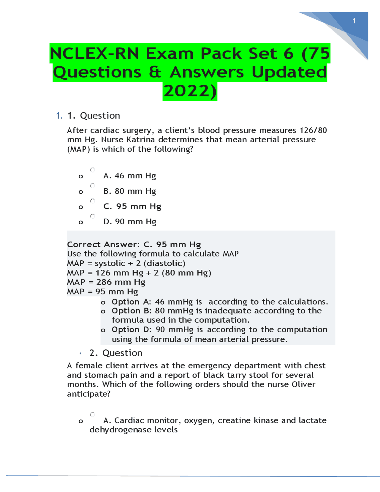 NCLEX-RN Exam Pack Set 6 (75 Questions & Answers Updated 2022) | Exams ...