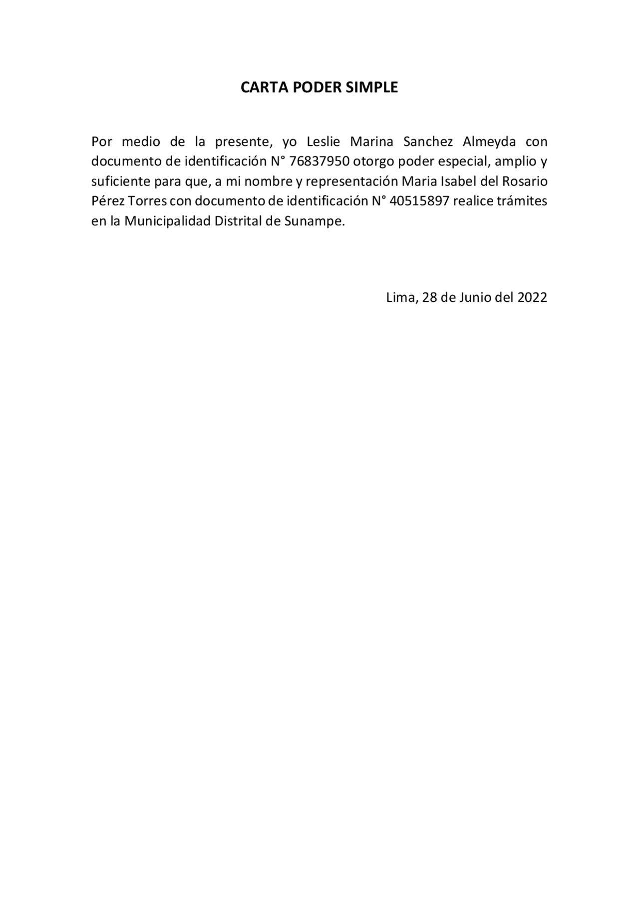 Varta Poder Simple Carta de poder simple | Resúmenes de Derecho | Docsity