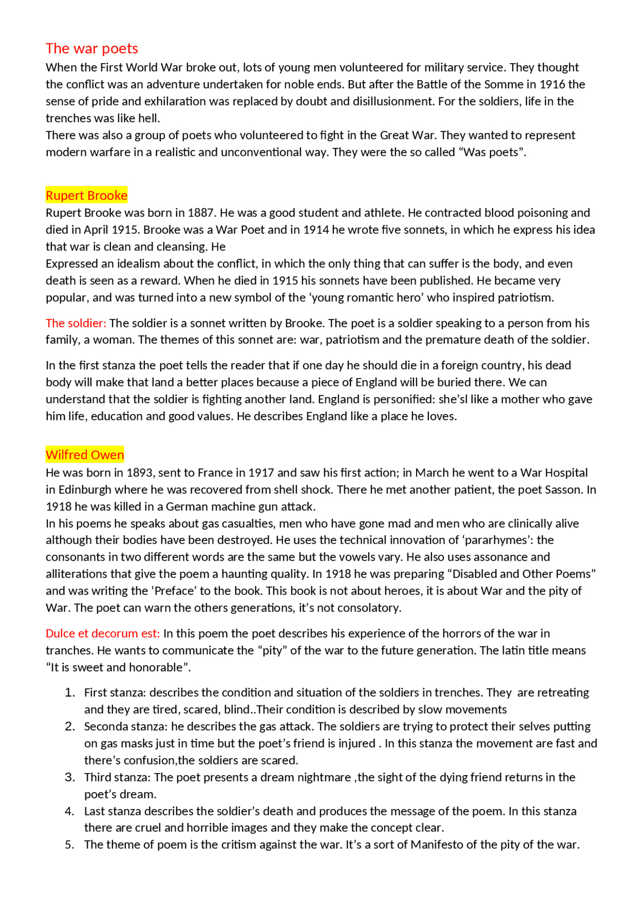 Riassunto Sui War Poets Appunti Di Inglese Docsity