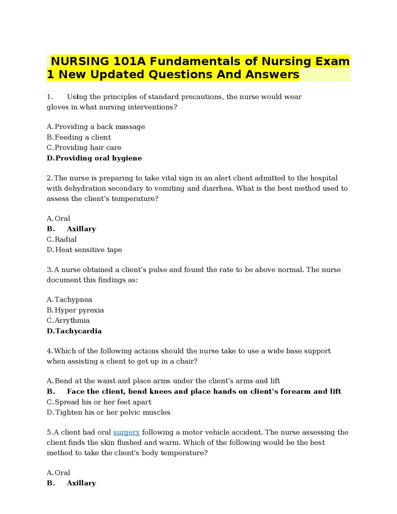 NURSING 101A Fundamentals of Nursing Exam 1 New Updated Questions And ...