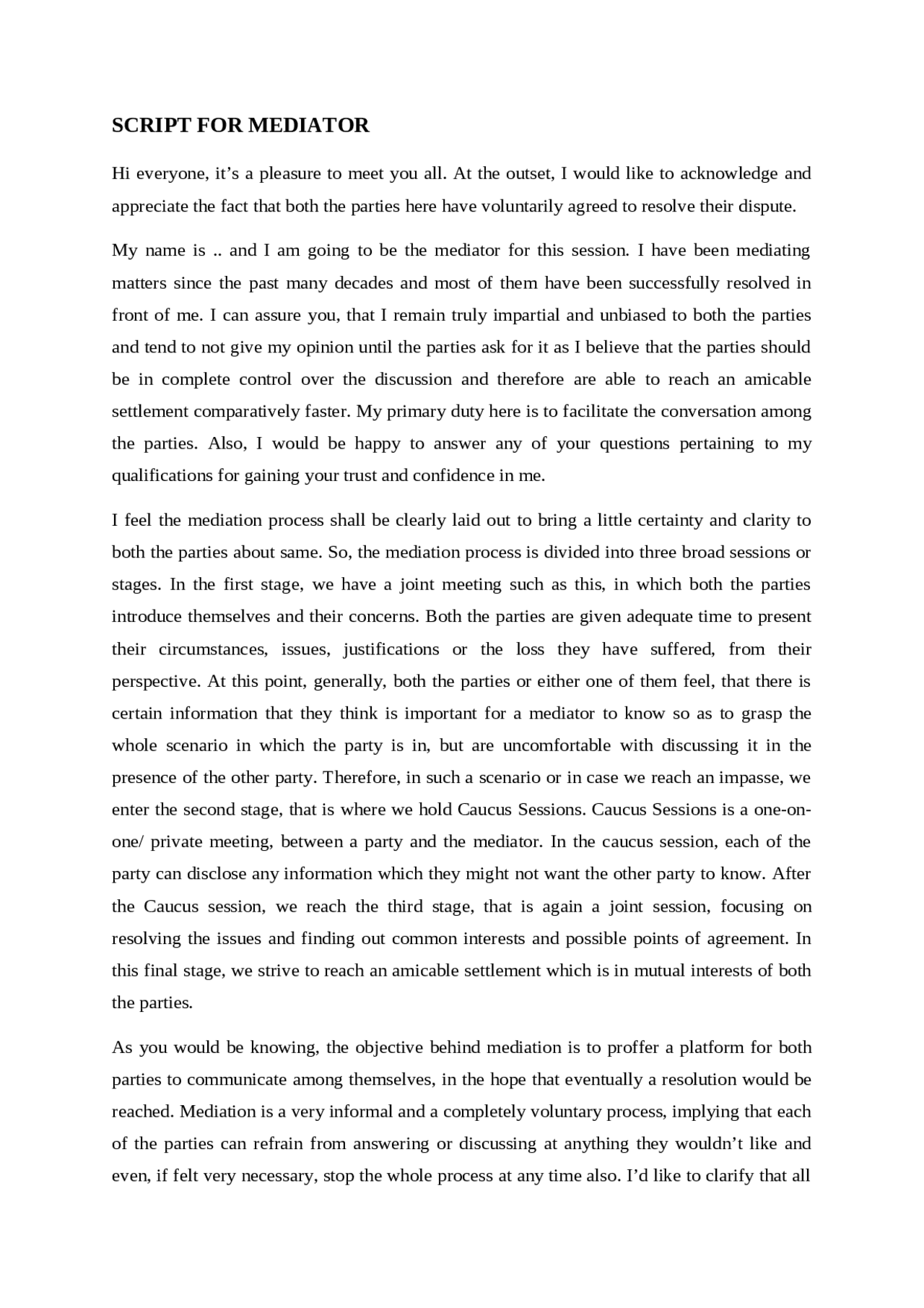 Sample Mediation Script ADR- Negotiation and Mediation Script for Mediator & Proposed ...
