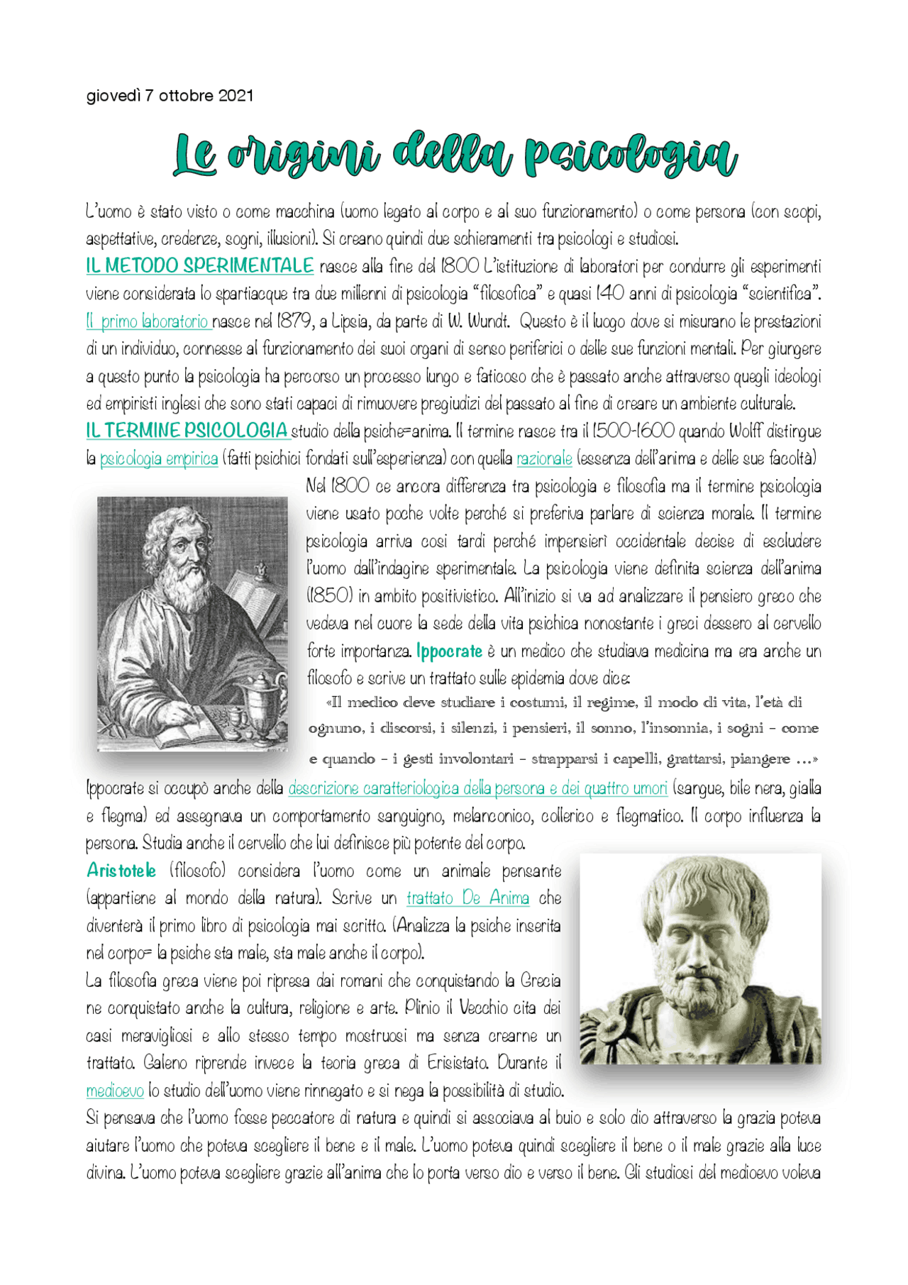 ORIGINI DELLA PSICOLOGIA Appunti di Storia Della Psicologia Docsity