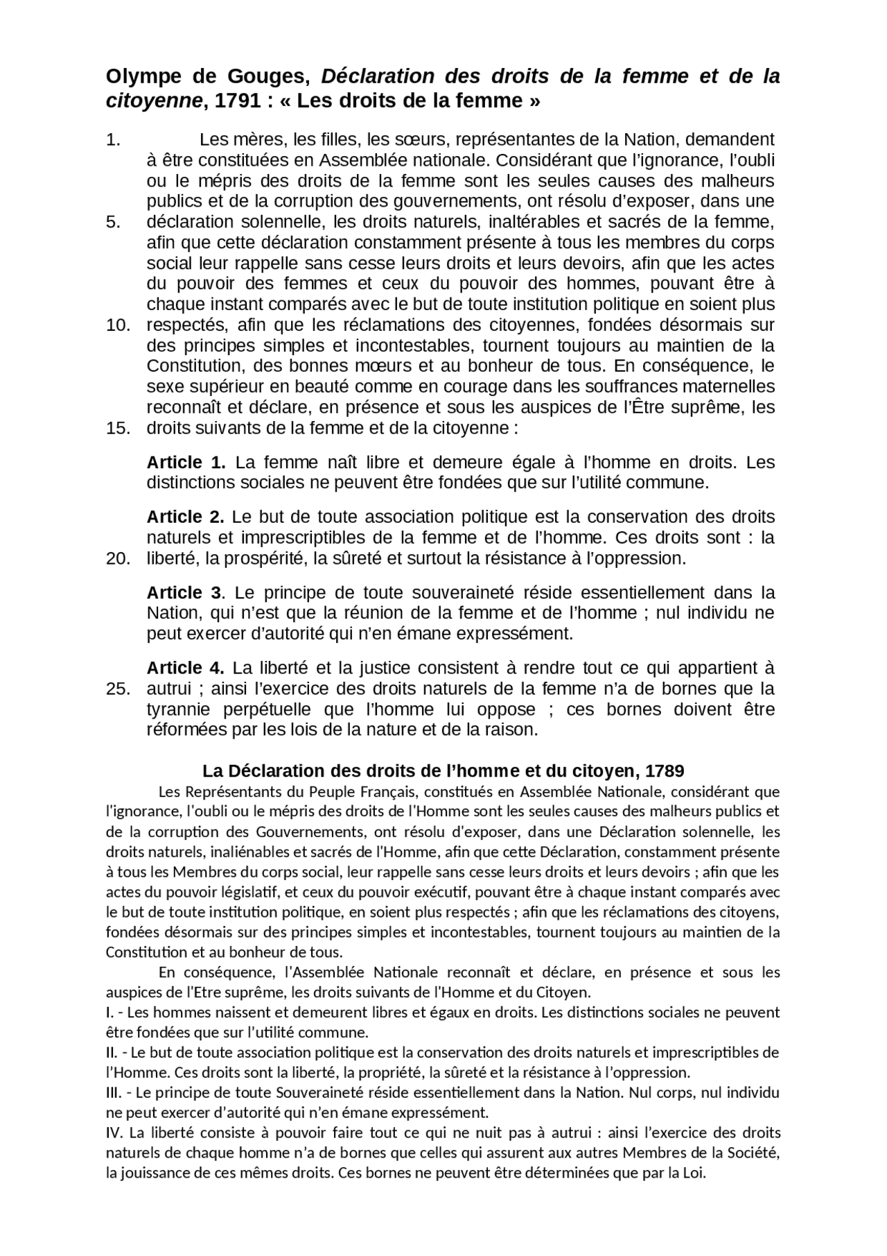 Déclaration des droit de la femme et de la citoyenne | Lectures ...