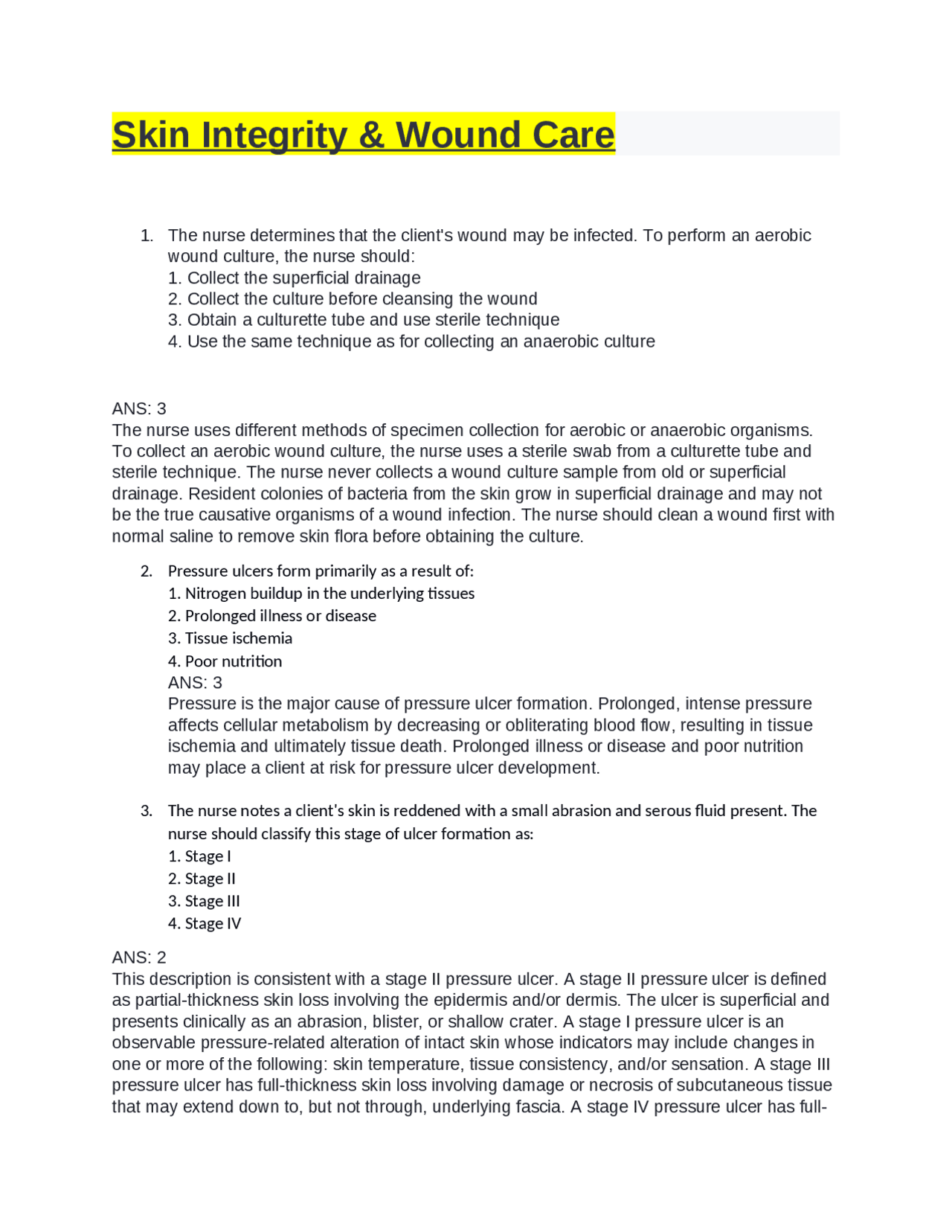 Skin Integrity & Wound Care | Exams Nursing | Docsity
