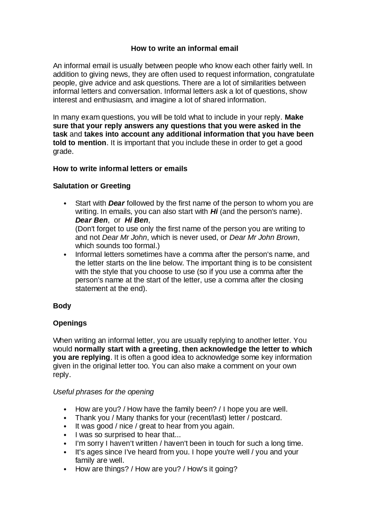 Simple Email Informal Example How to write an informal email | Apuntes de Idioma Inglés | Docsity