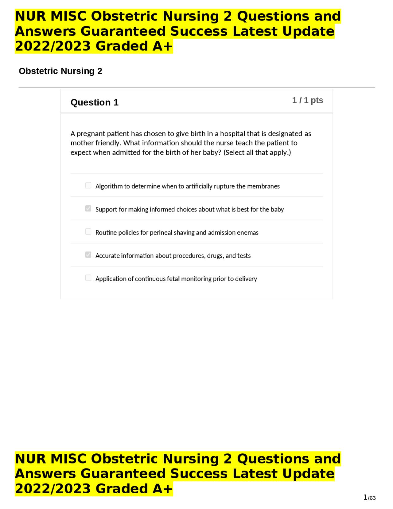 NUR MISC Obstetric Nursing 2 Questions and Answers Guaranteed Success