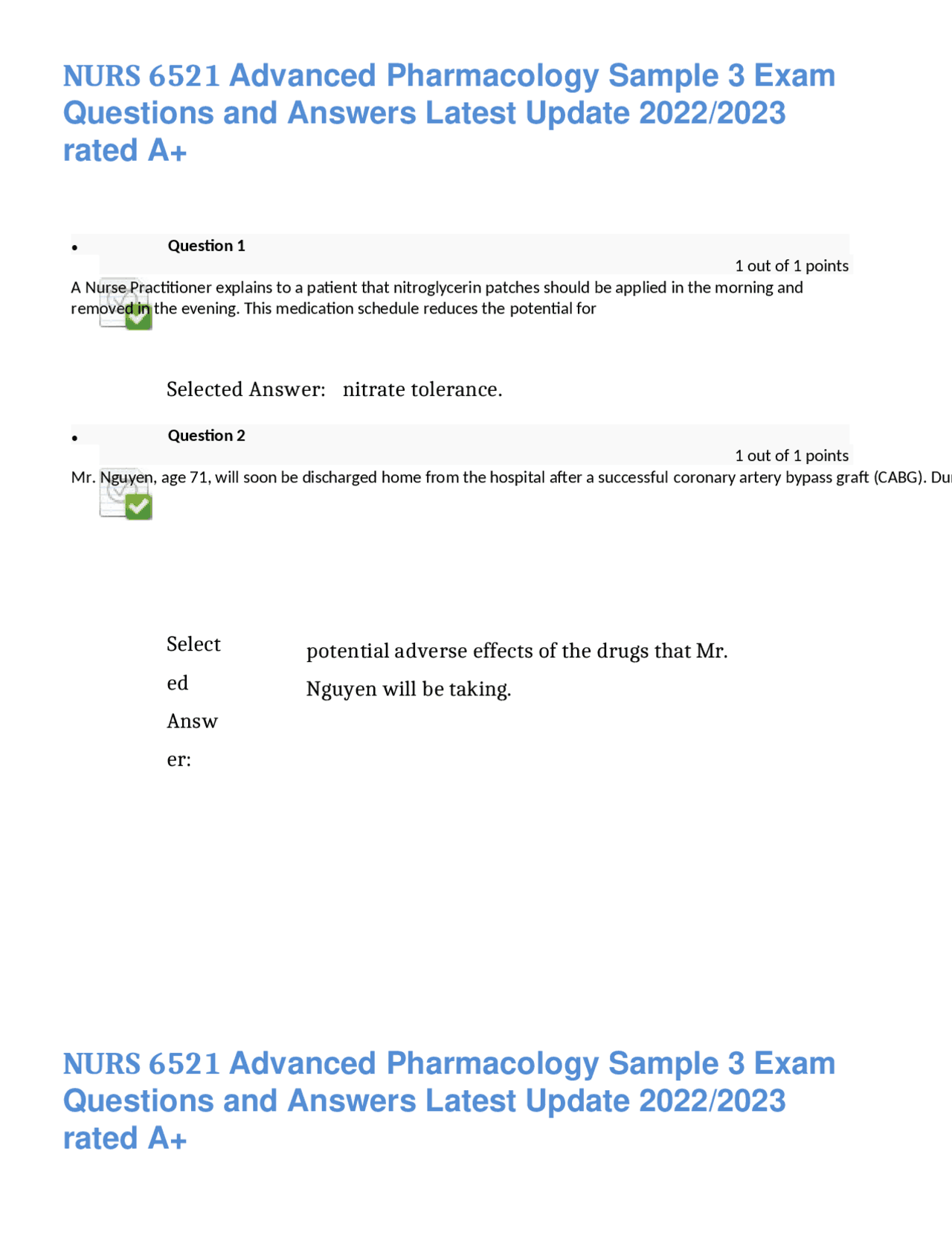NURS 6521 Advanced Pharmacology Sample 3 Exam Questions and Answers ...