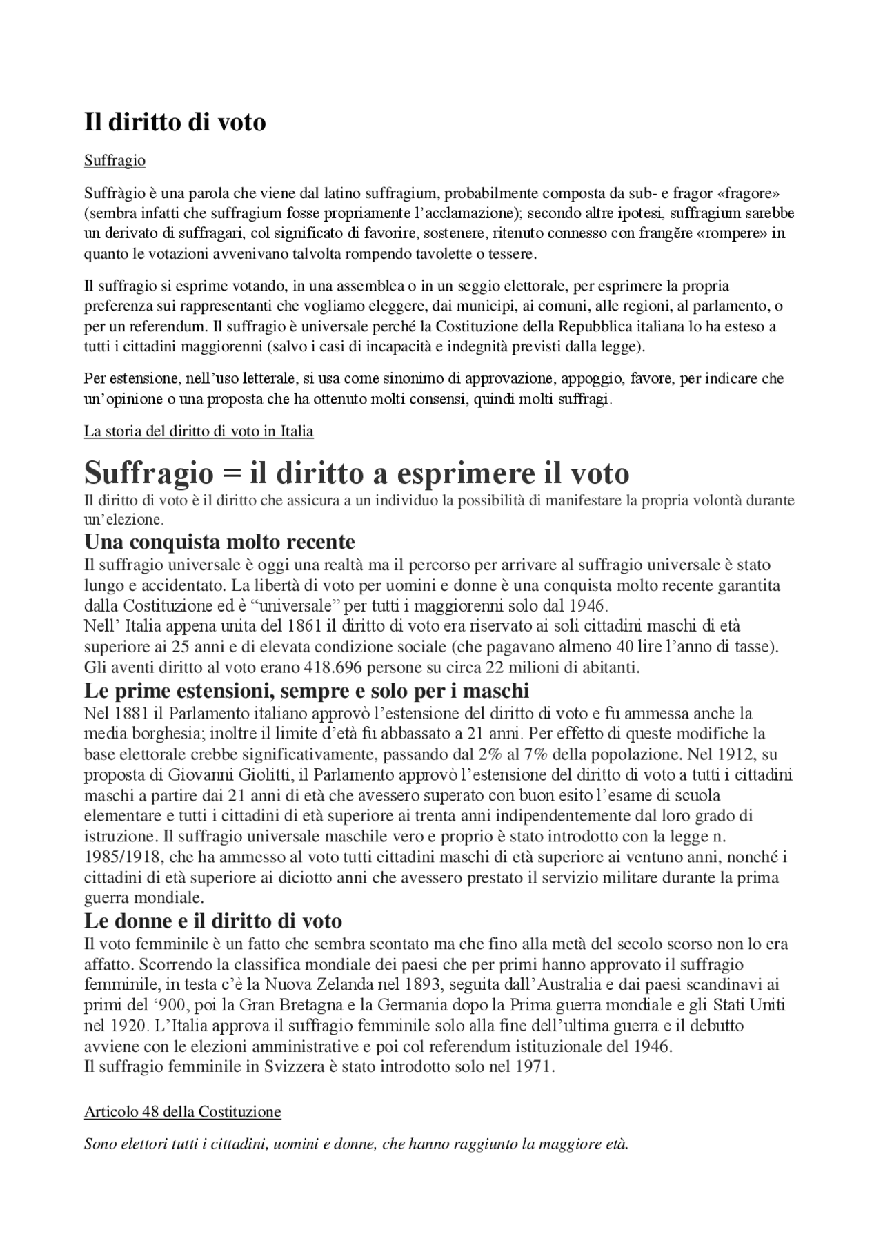 Il diritto di voto in Italia | Appunti di Storia | Docsity