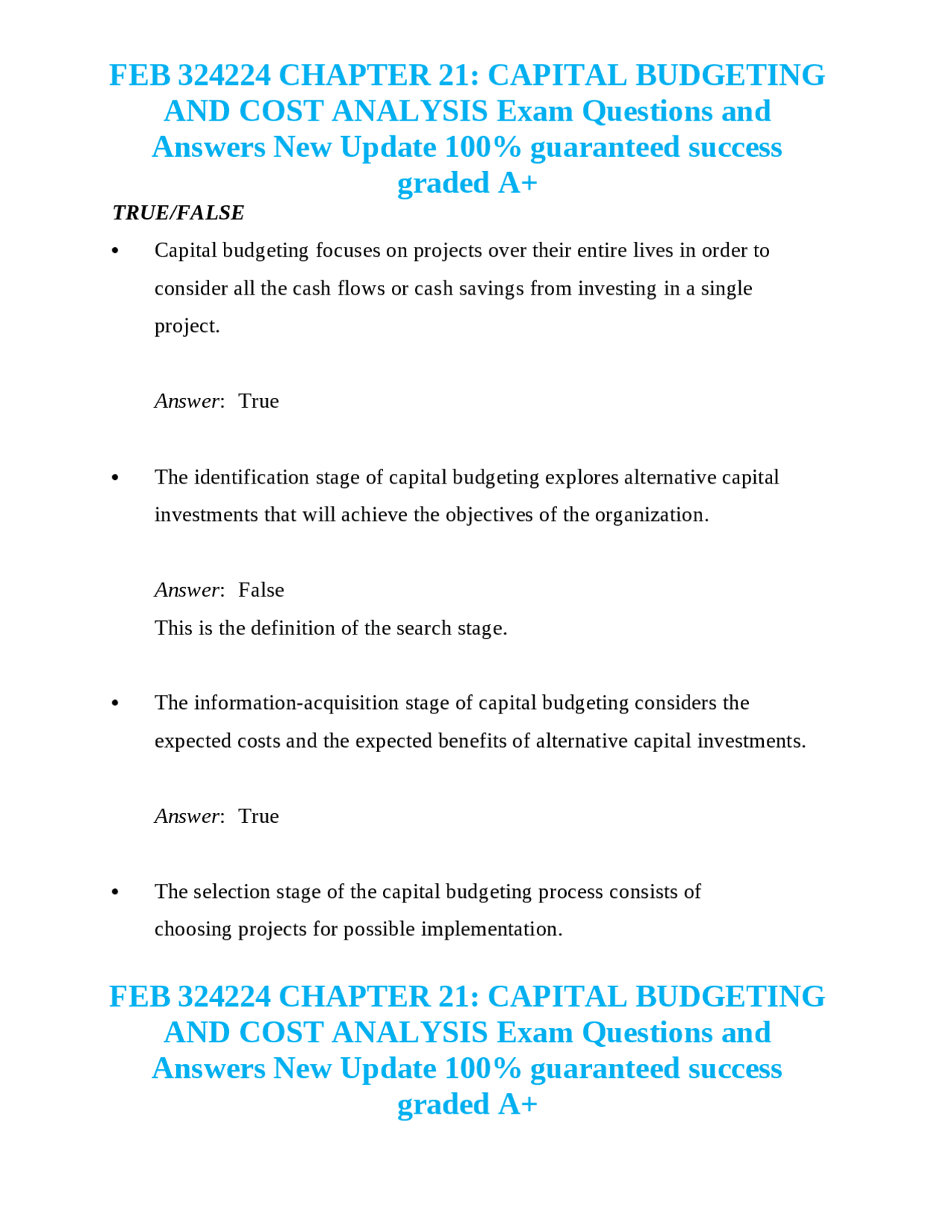 FEB 324224 CHAPTER 21: CAPITAL BUDGETING AND COST ANALYSIS Exam ...