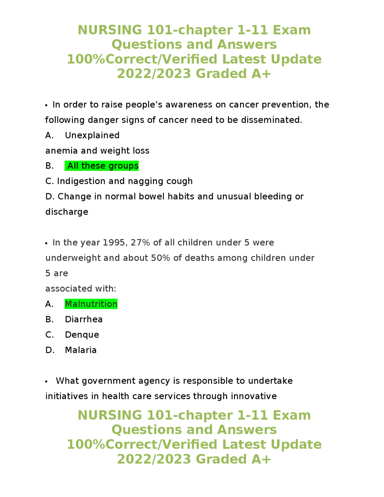 NURSING 101-chapter 1-11 Exam Questions and Answers 100%Correct ...