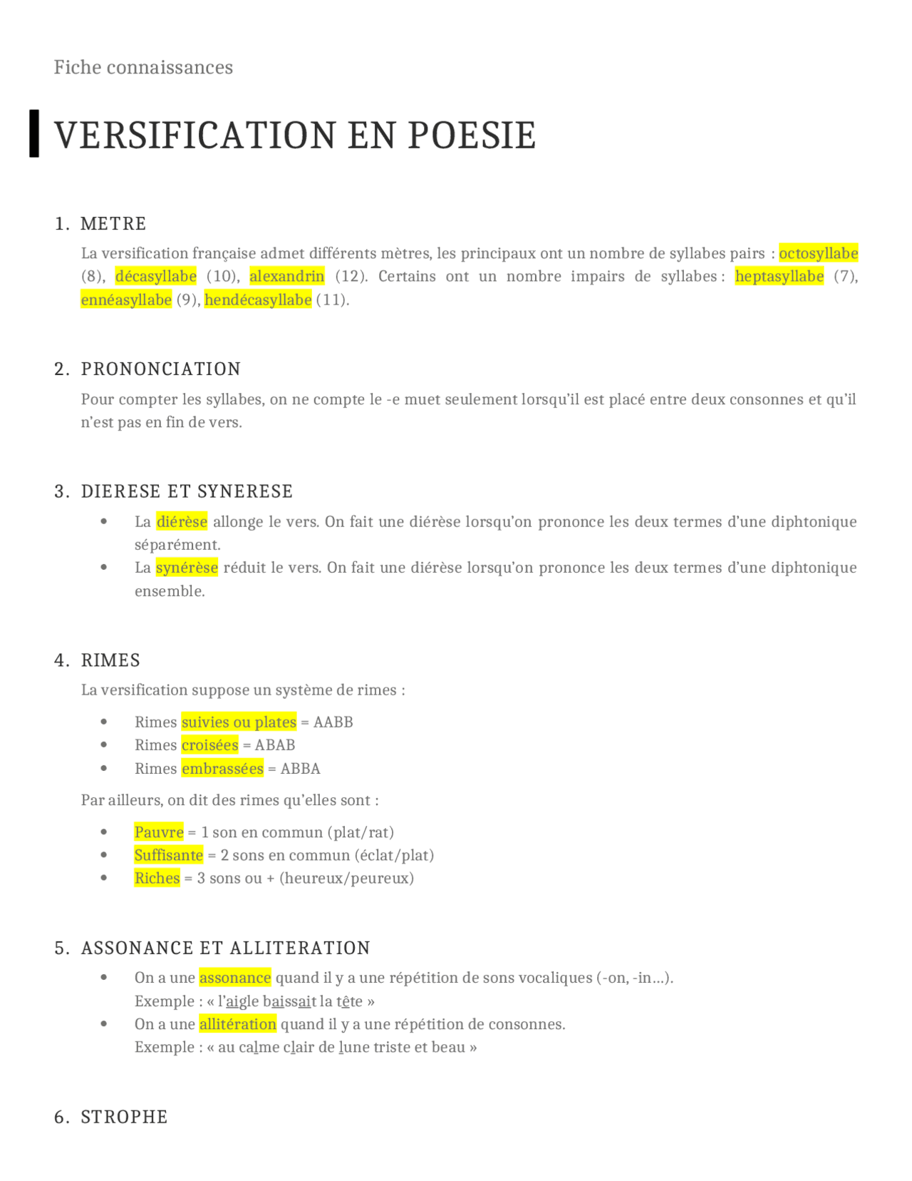 Versification Topics La versification en poésie | Notes Français | Docsity