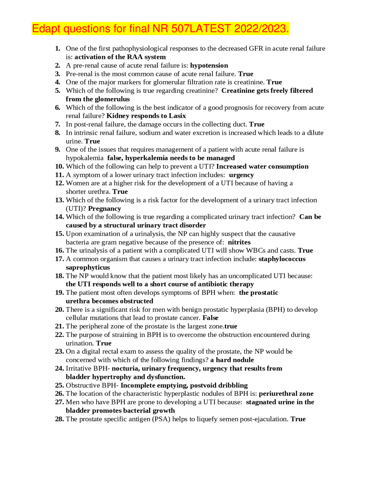 Edapt questions for final NR 507LATEST 2022/2023. | Exams Nursing | Docsity