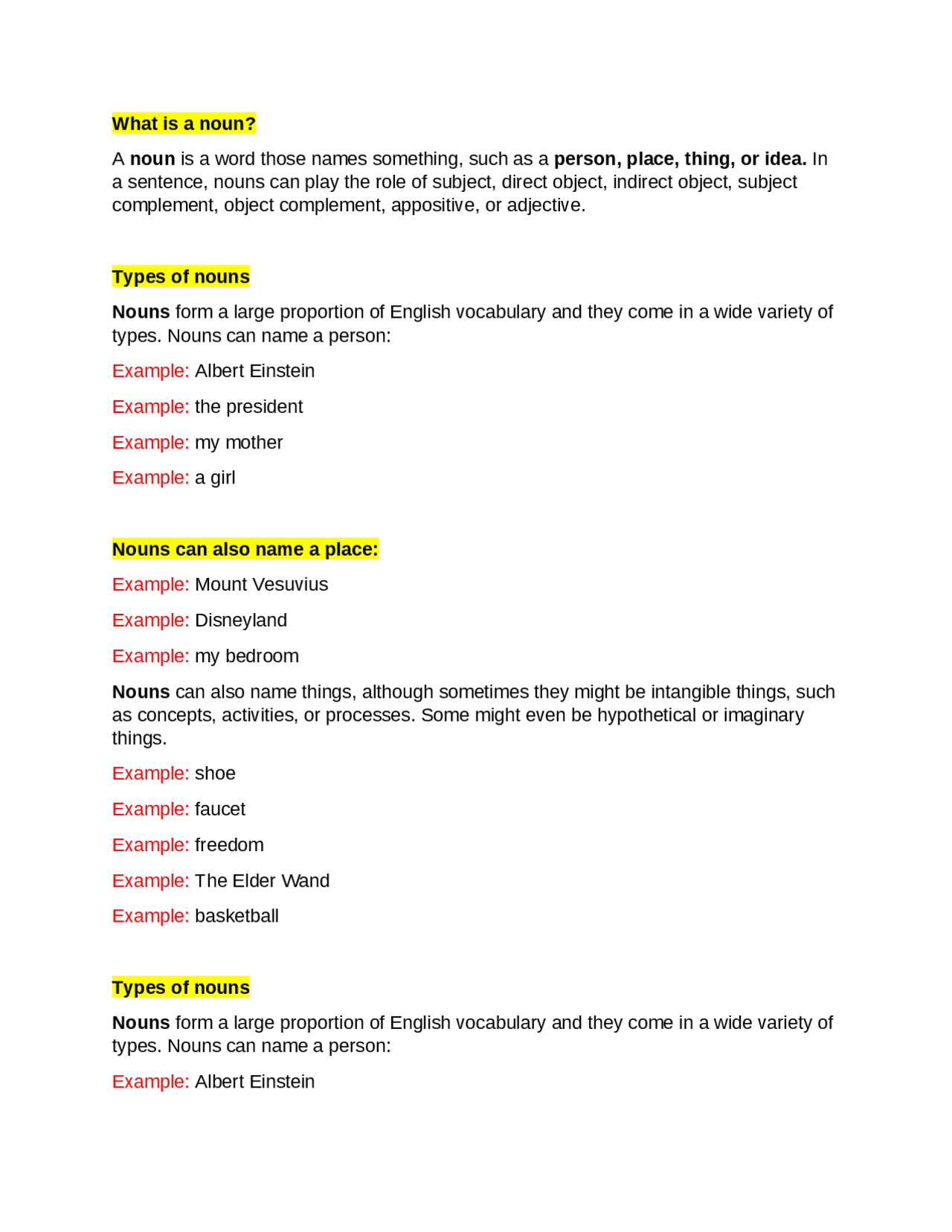 What is noun and examples? | Study notes English | Docsity