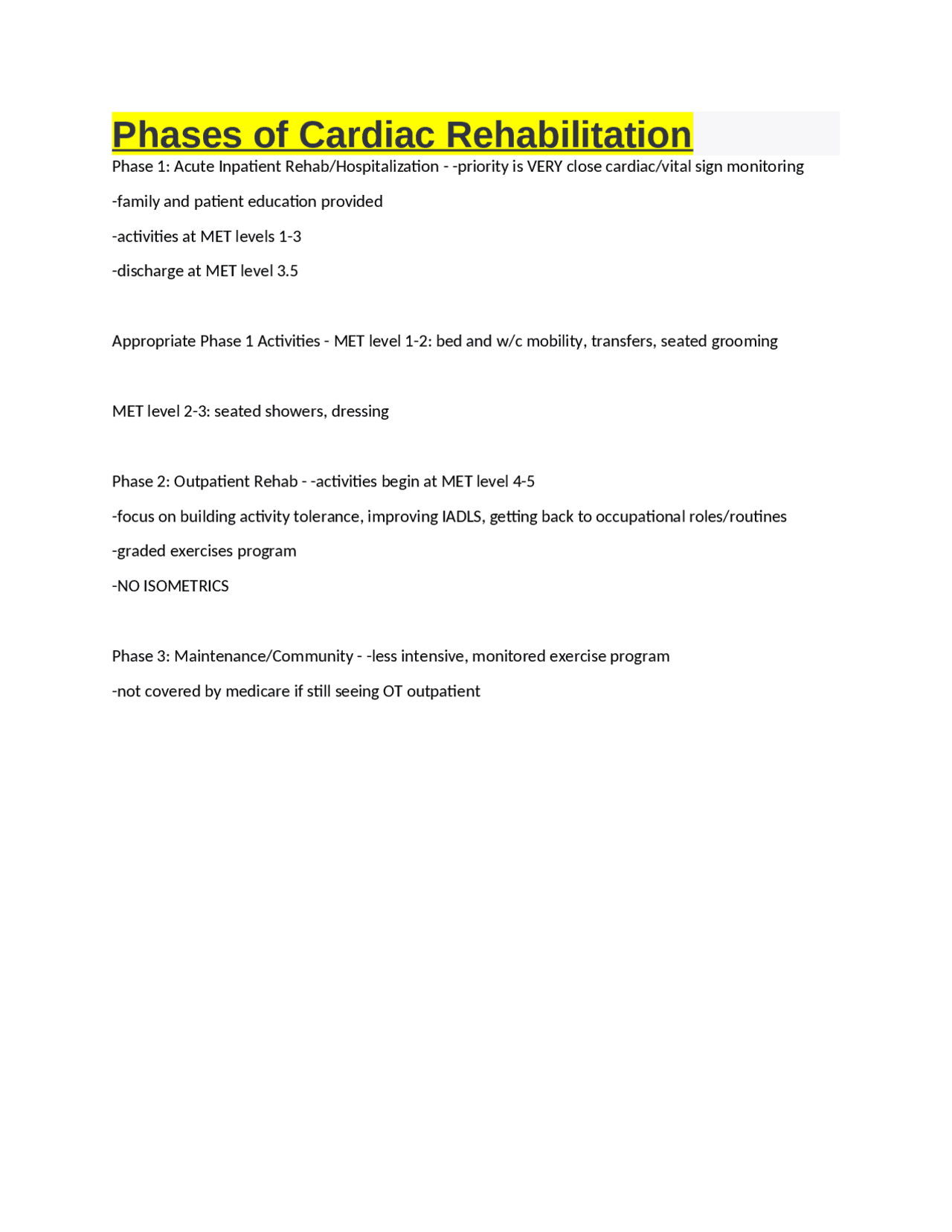 Phases of Cardiac Rehabilitation | Exams Nursing | Docsity