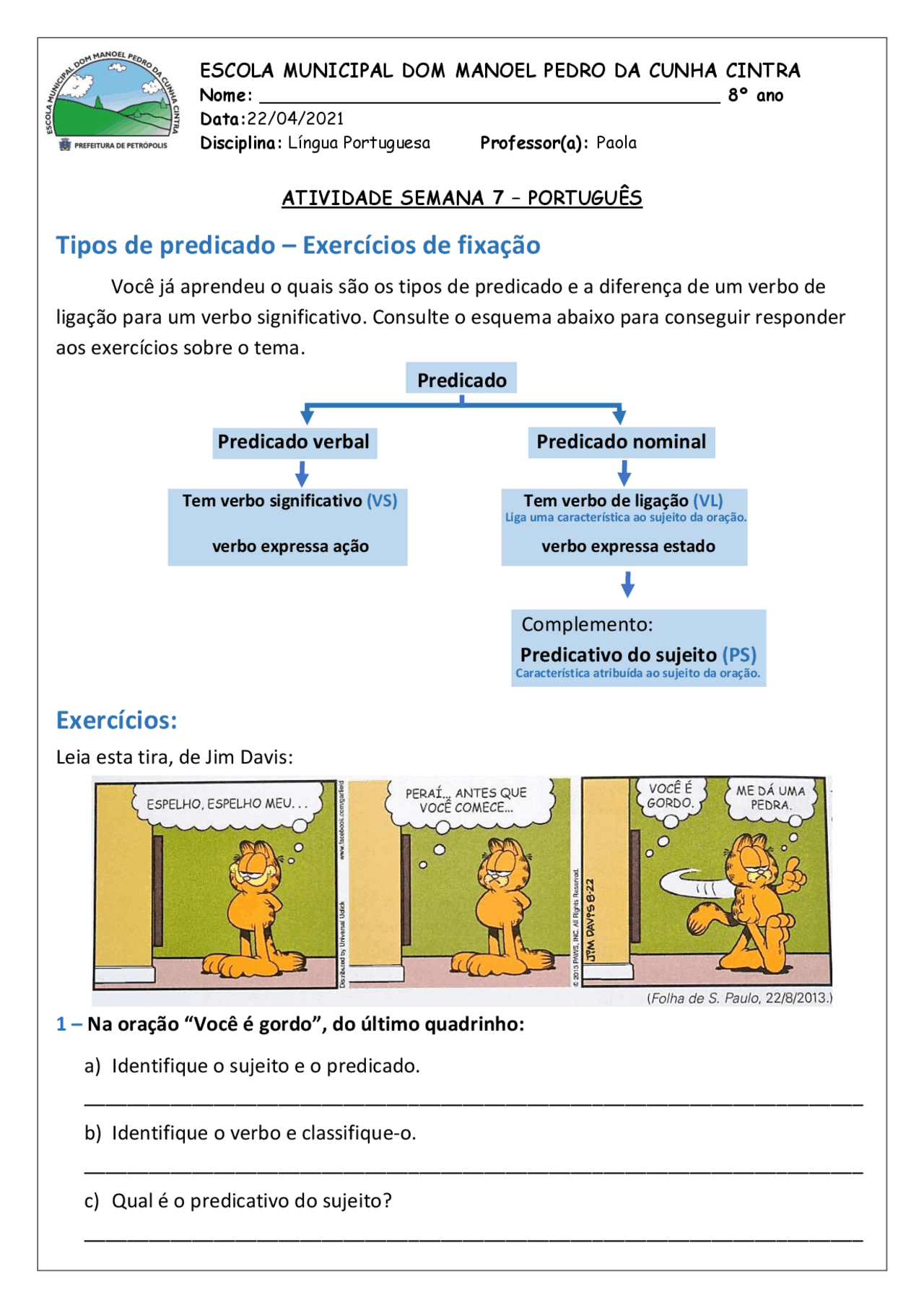 Atividade Sobre Tipos De Predicado Com Gabarito - BINKEDU