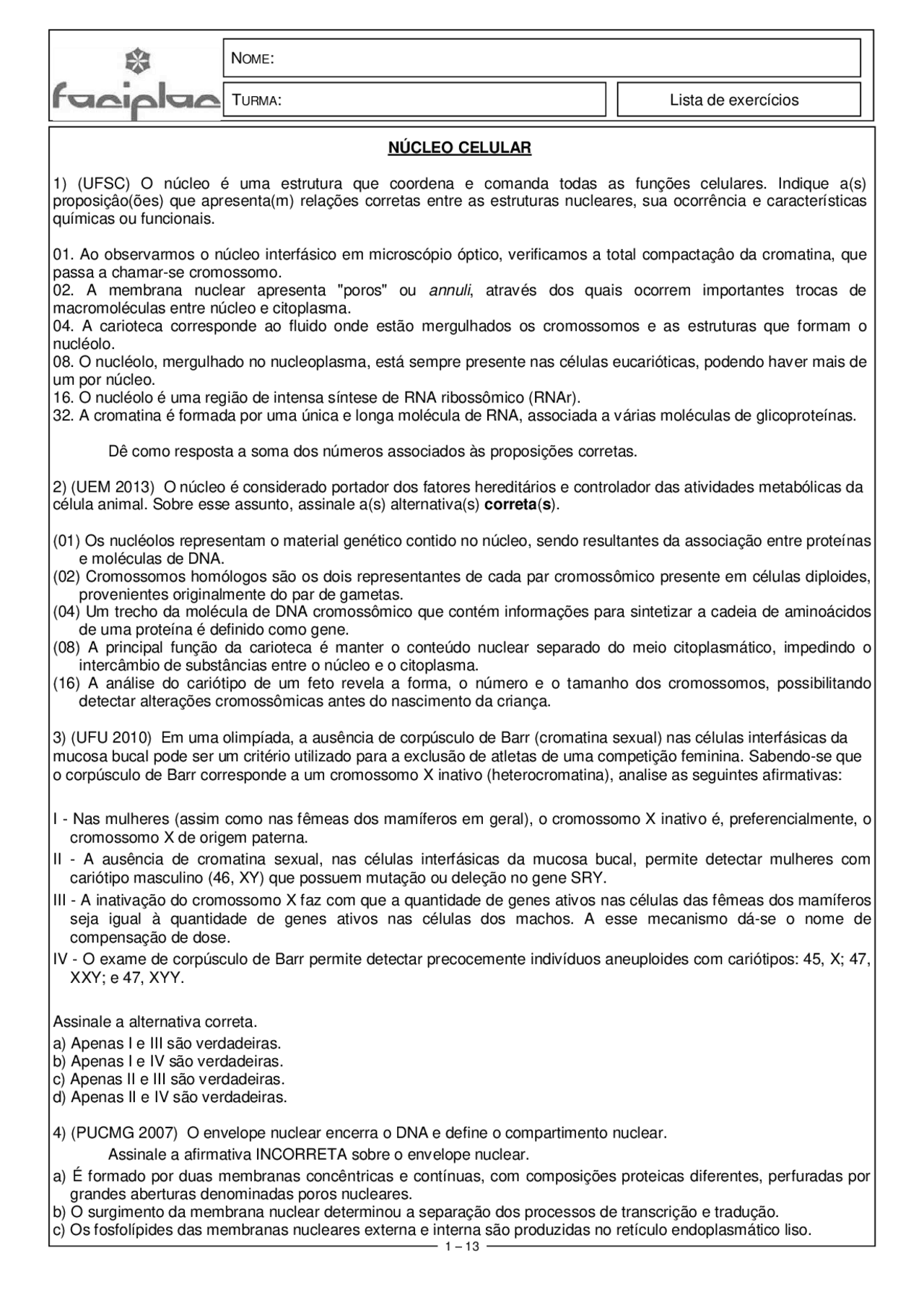 Lista de exercícios NÚCLEO CELULAR 1) (UFSC ... | Notas de estudo ...