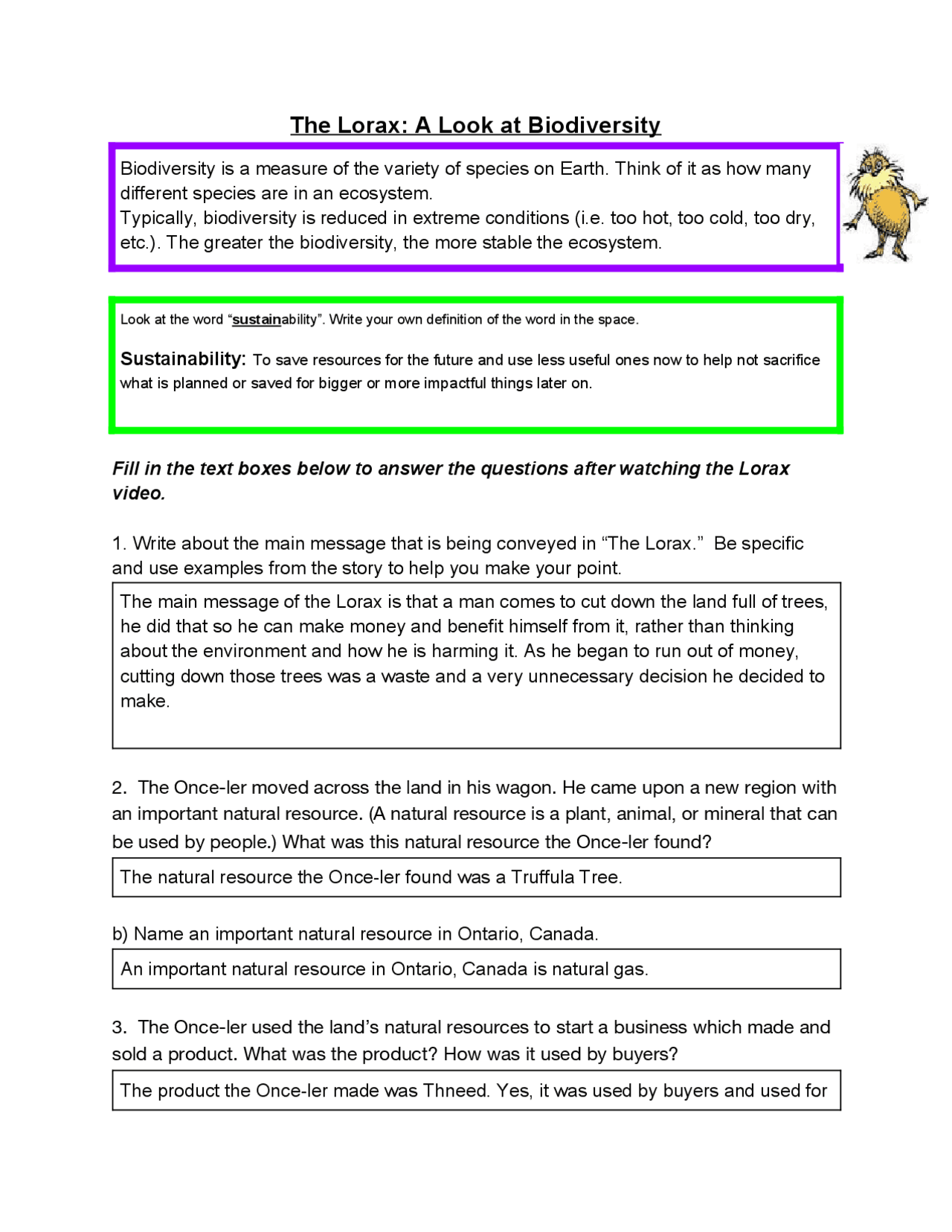 Lorax Worksheet Solution | Summaries Environmental science | Docsity