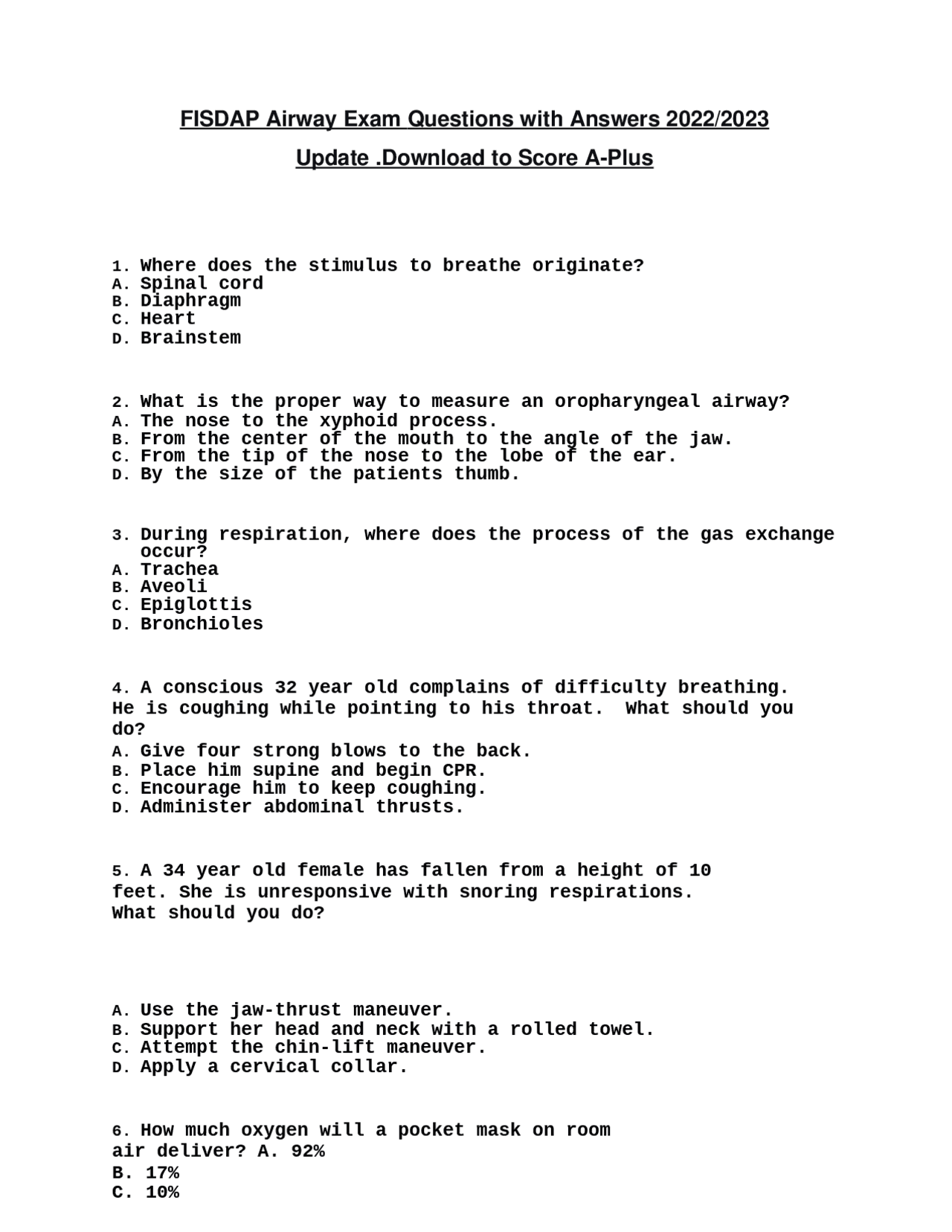 FISDAP Airway Exam Questions with Answers 2022/2023 Update .Download to