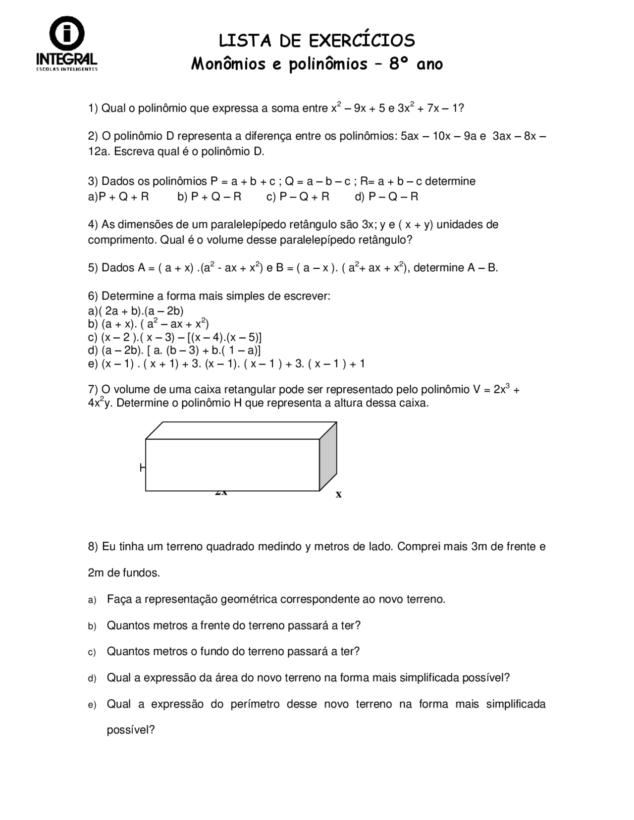 Monômios E Polinômios Exercícios 8o Ano - FDPLEARN