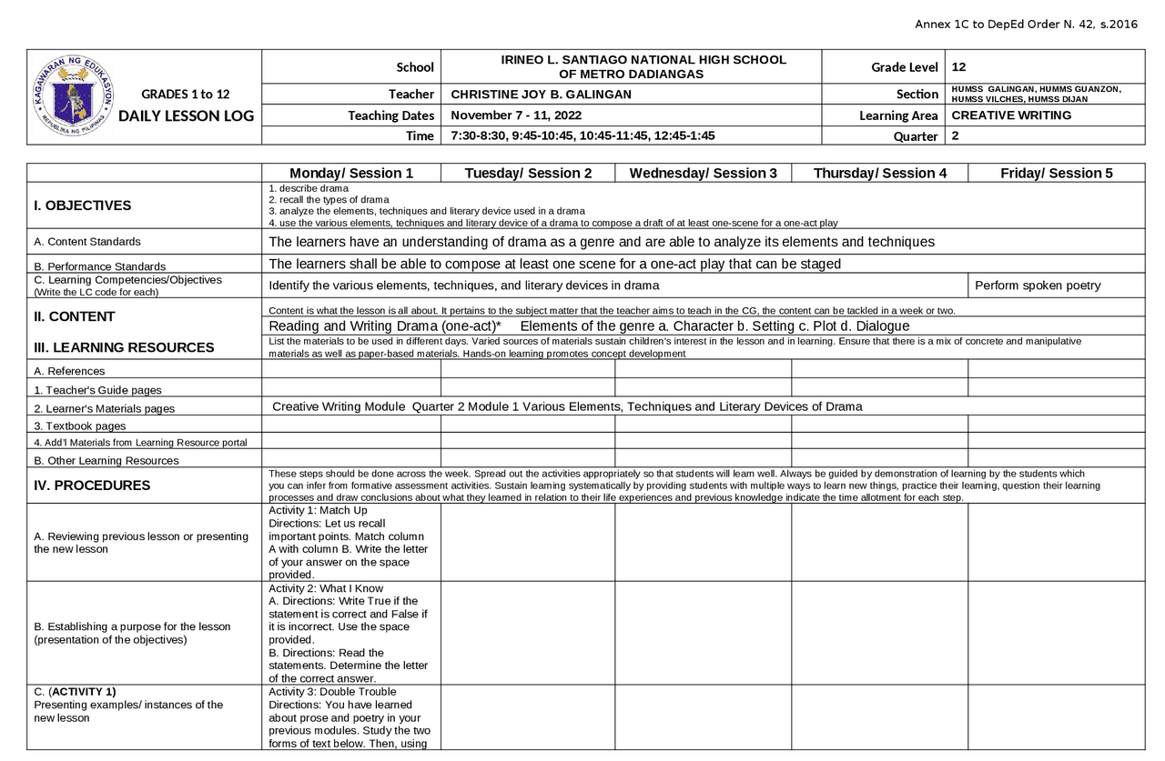 Lesson Log for Creative Writing | Papers Creative writing | Docsity