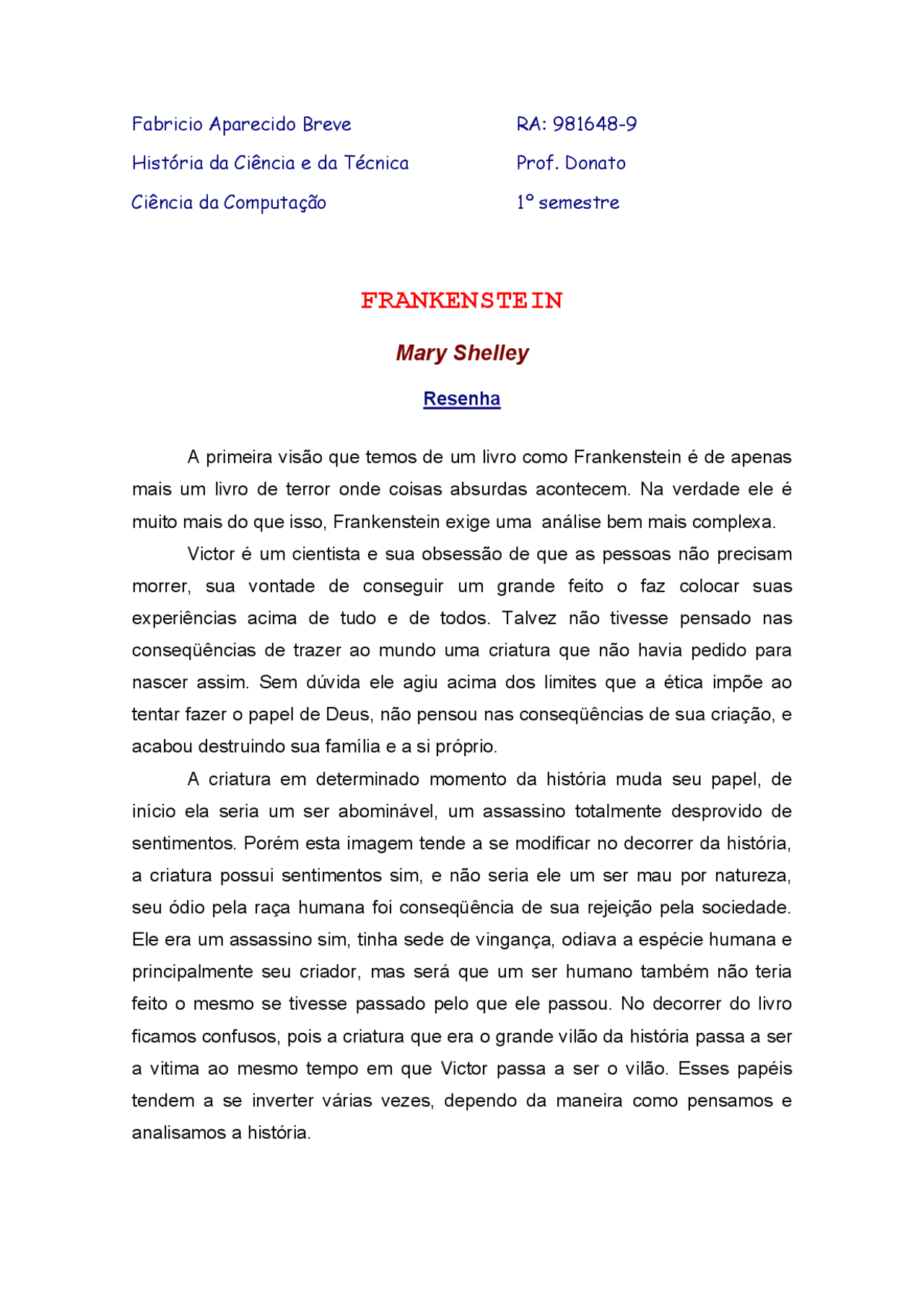 Frankenstein.pdf | Esquemas História | Docsity
