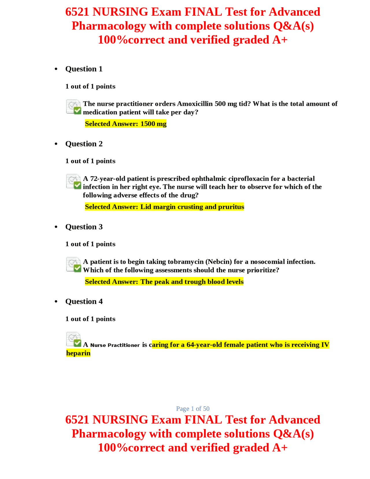 6521 NURSING Exam FINAL Test for Advanced Pharmacology with complete ...