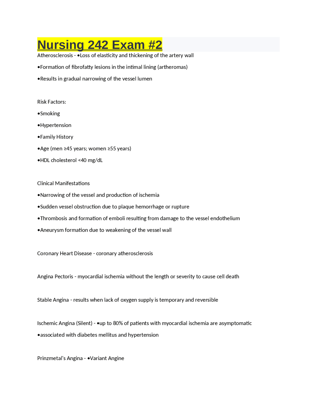 Nursing 242 Exam #2;Nursing 242 Exam #2 | Exams Nursing | Docsity