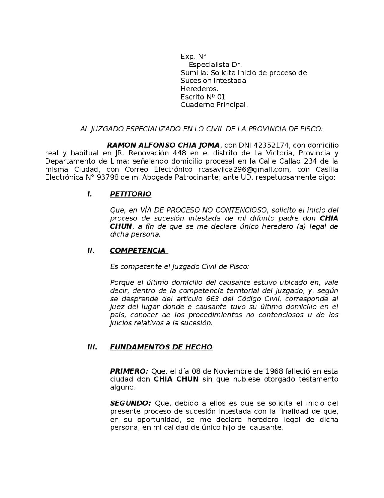 Modelo de Sucesión Intestada | Apuntes de Derecho | Docsity
