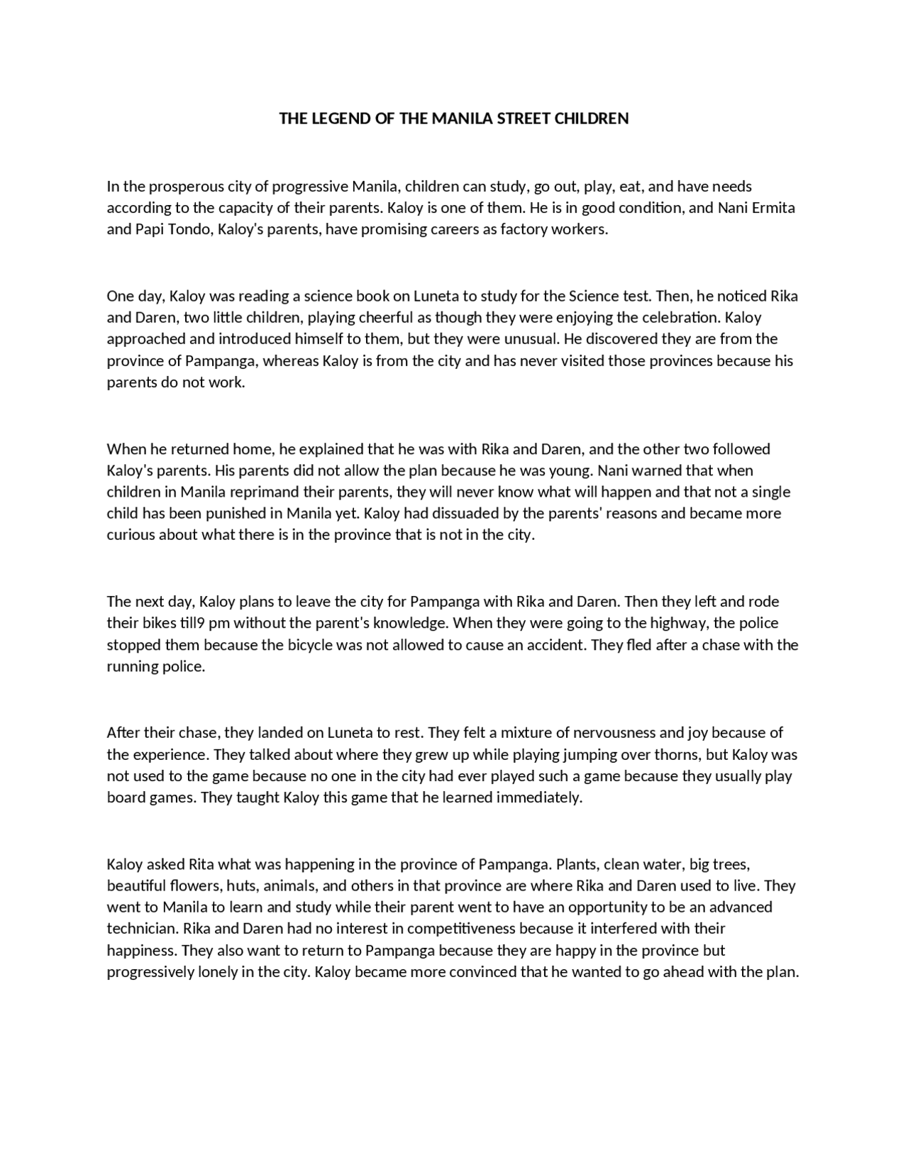 The Legend of the Street Children Essays (high school) English Docsity